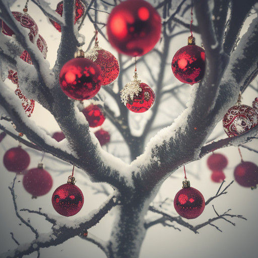 Red Baubles Glow on Green Christmas Tree
