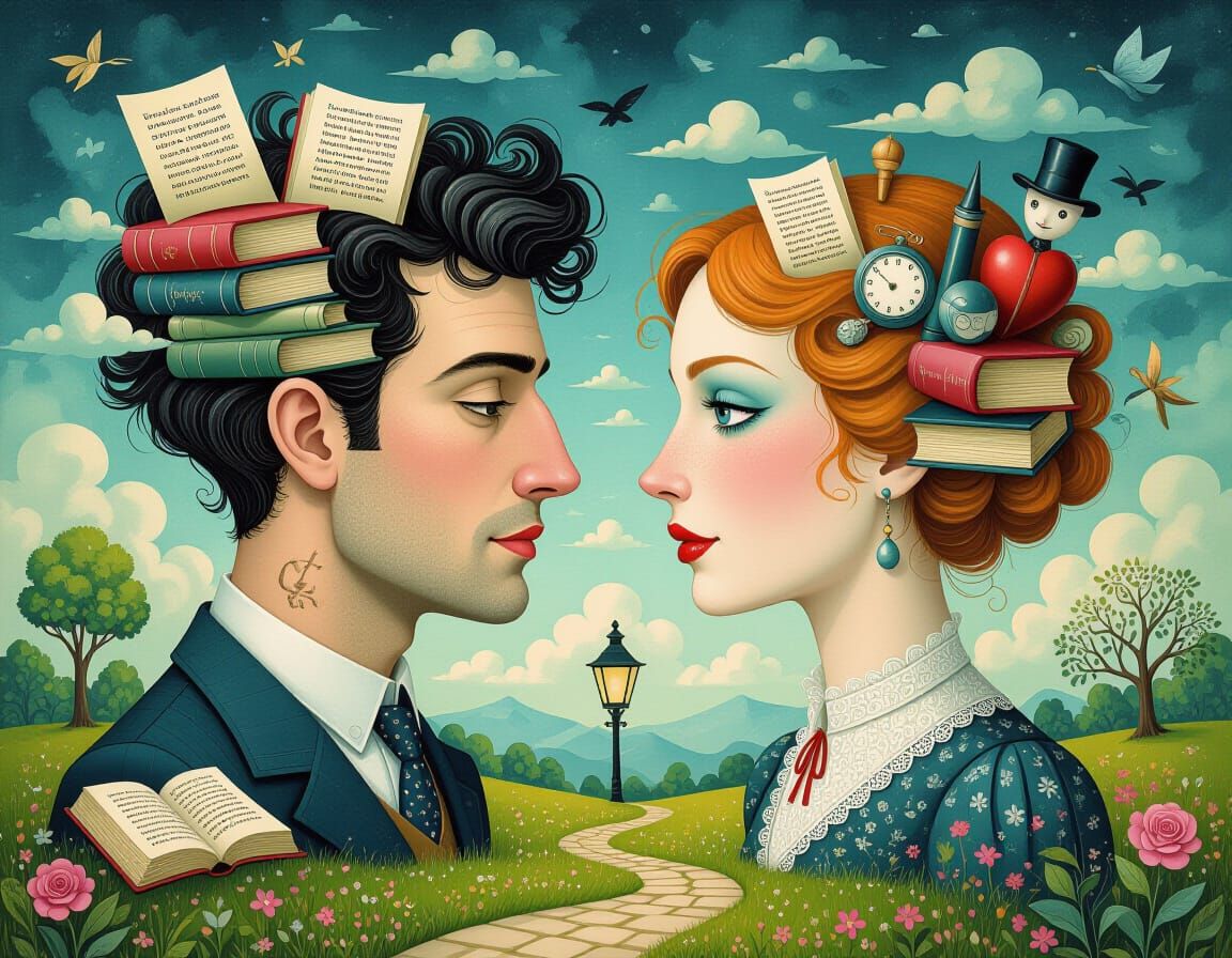 Surreal Writer and Book Fusion in Dark Art Style