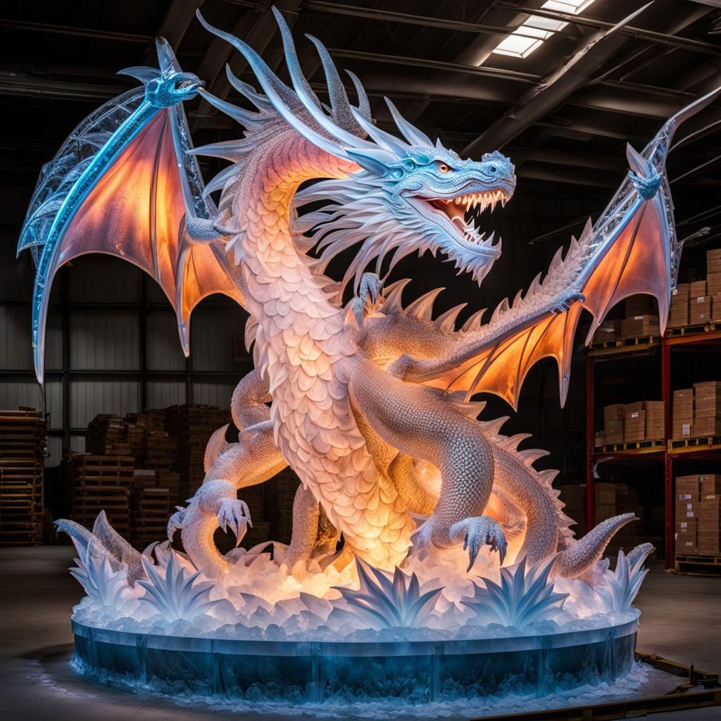 Intricate Ice Dragon Sculpture Being Carved