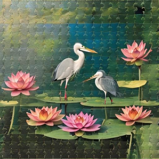 Lotus, Heron and Bonsai in Modern Ink Fusion