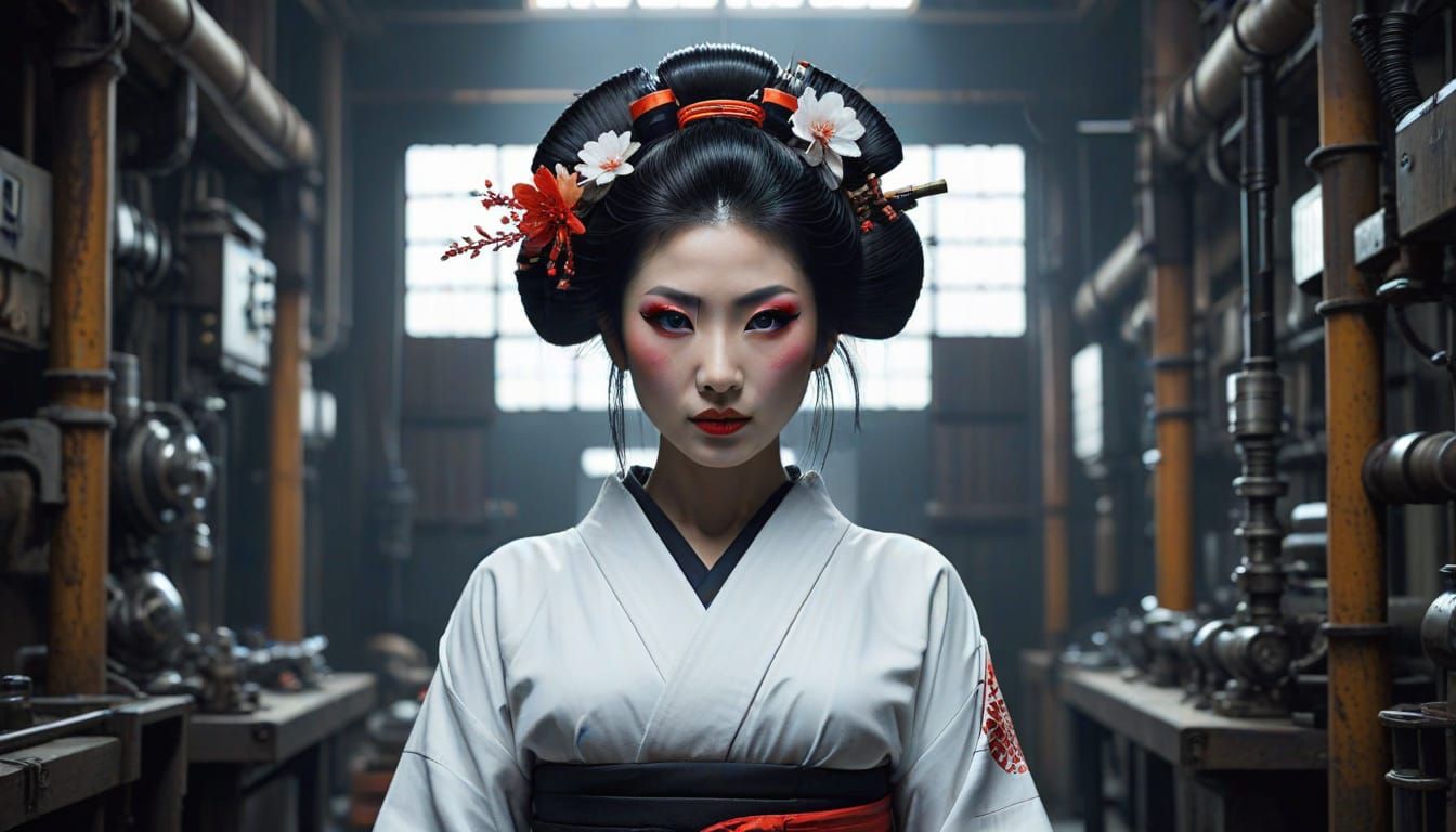 Steampunk Geisha Amidst Industrial Wonders