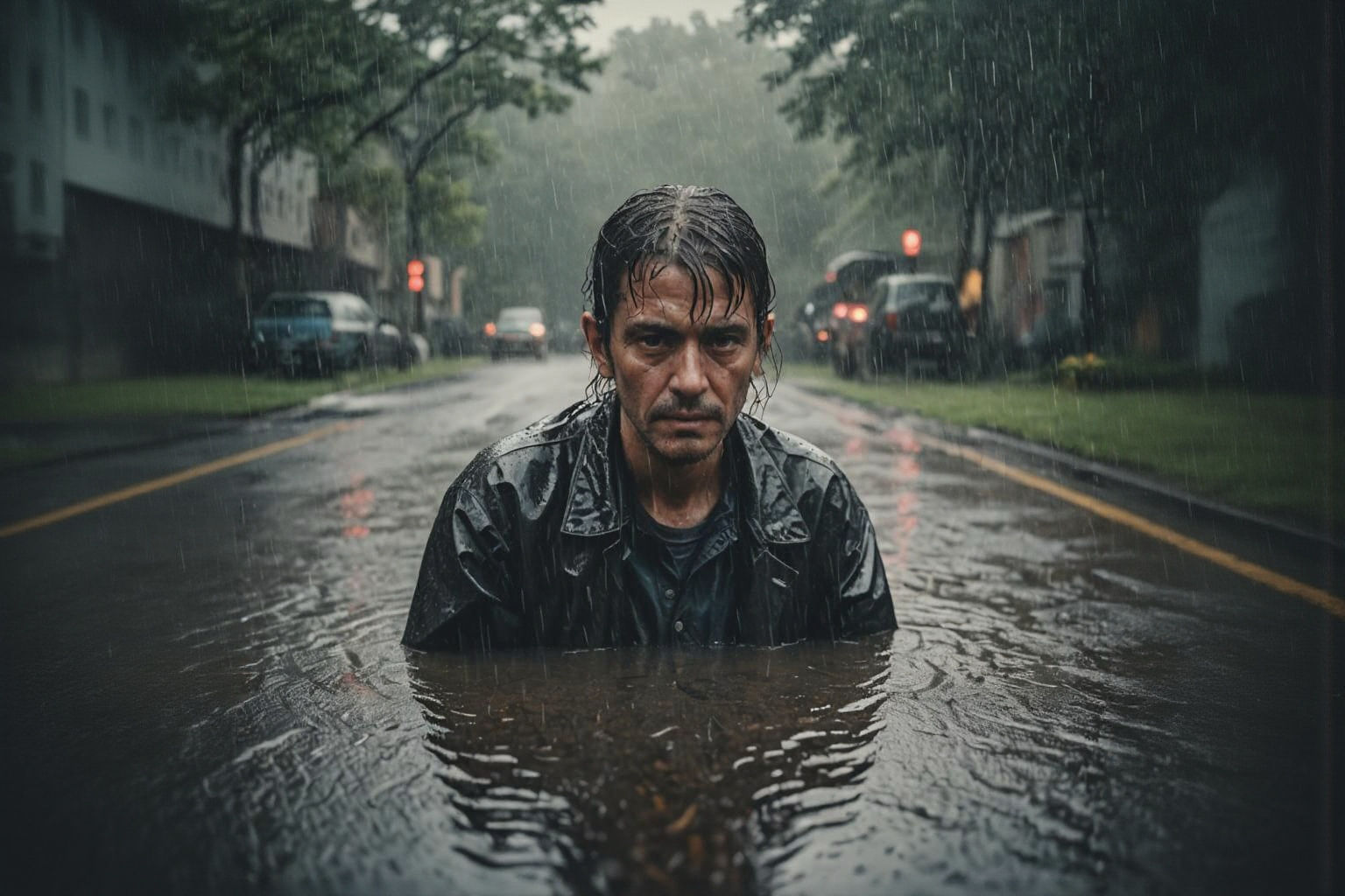 Dramatic Cinematic Still of Exhausted Figure in Rain