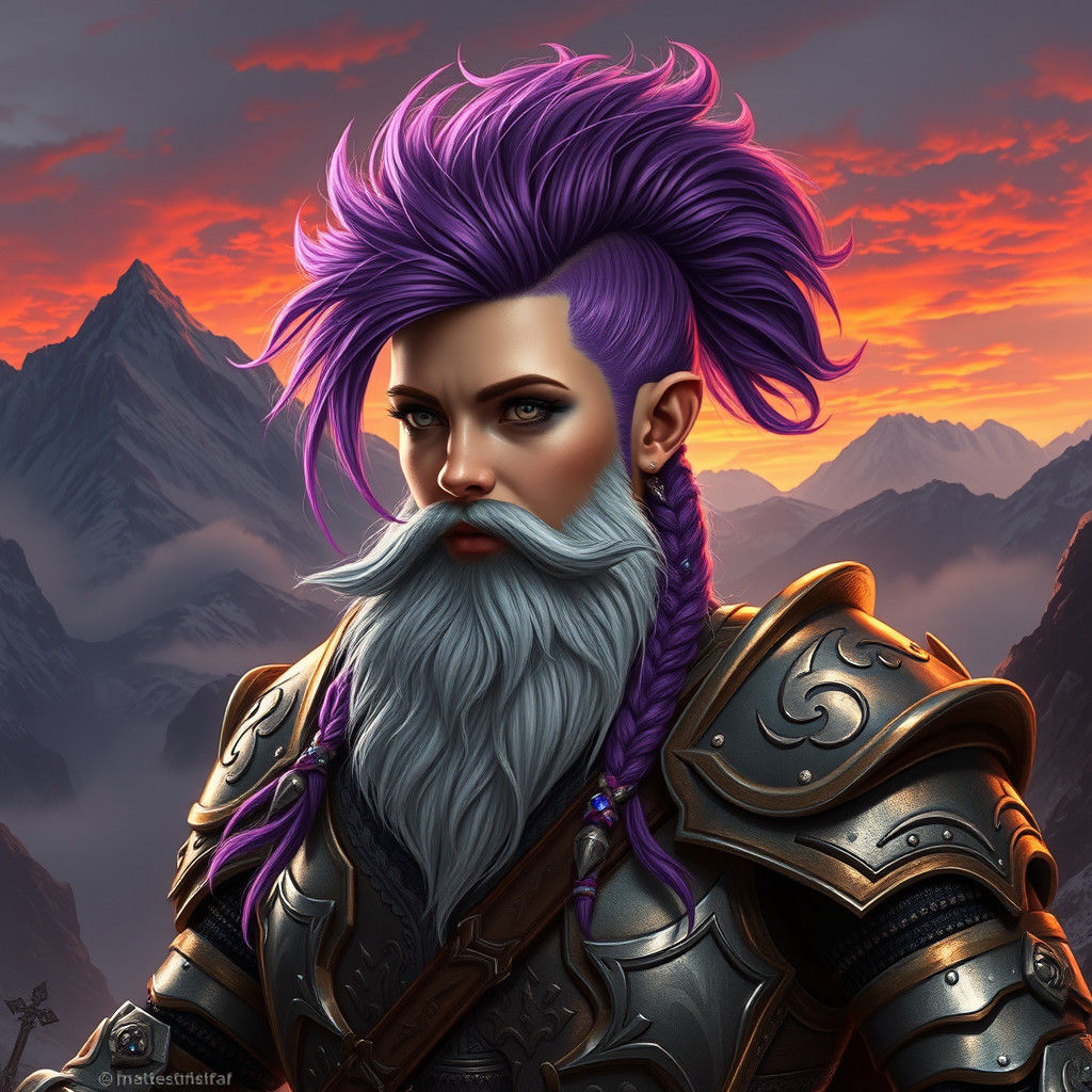 Dwarf Paladin with Purple Hair in Digital Painting Style