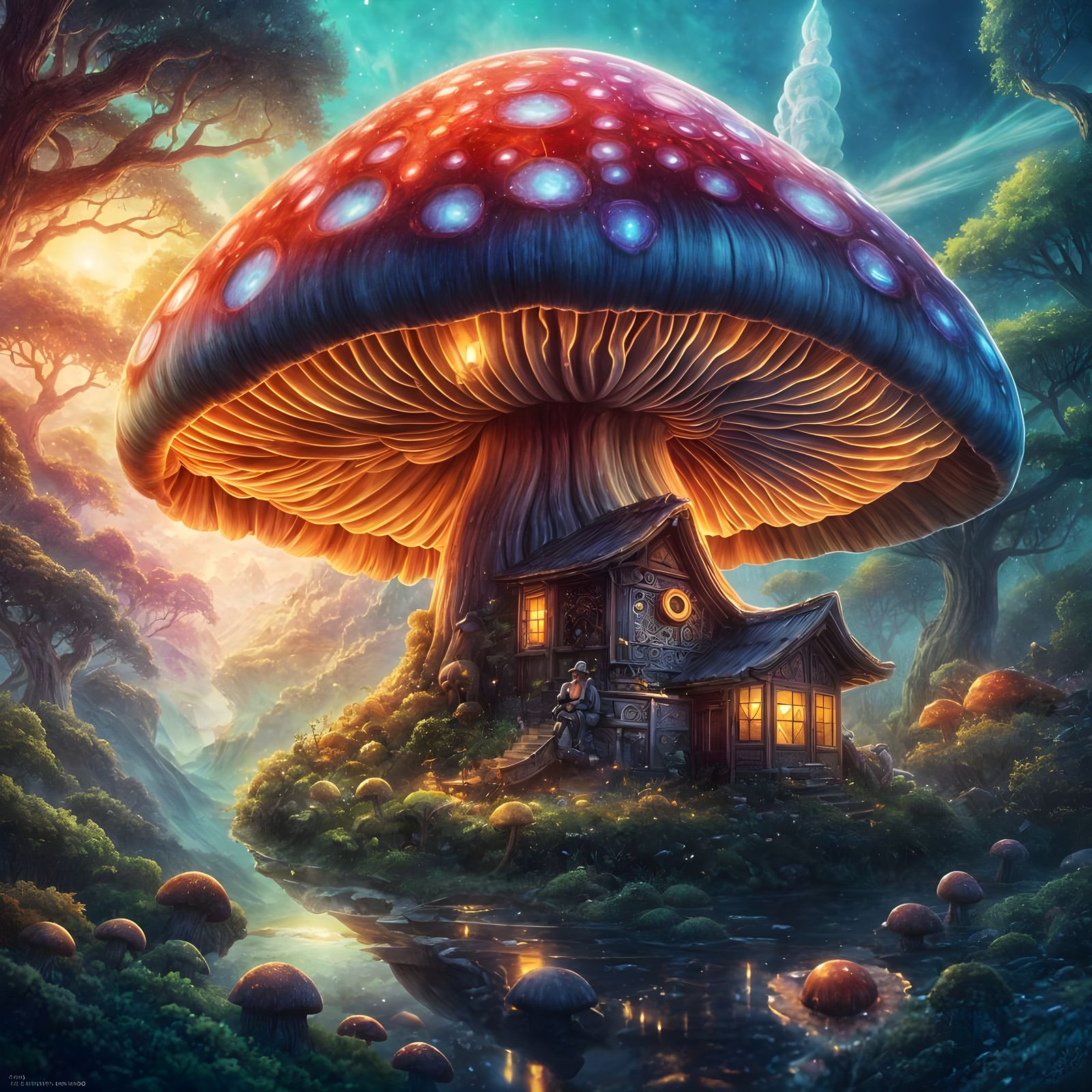 Ethereal Fantasy Mushroom in Vibrant Cosmic Landscape