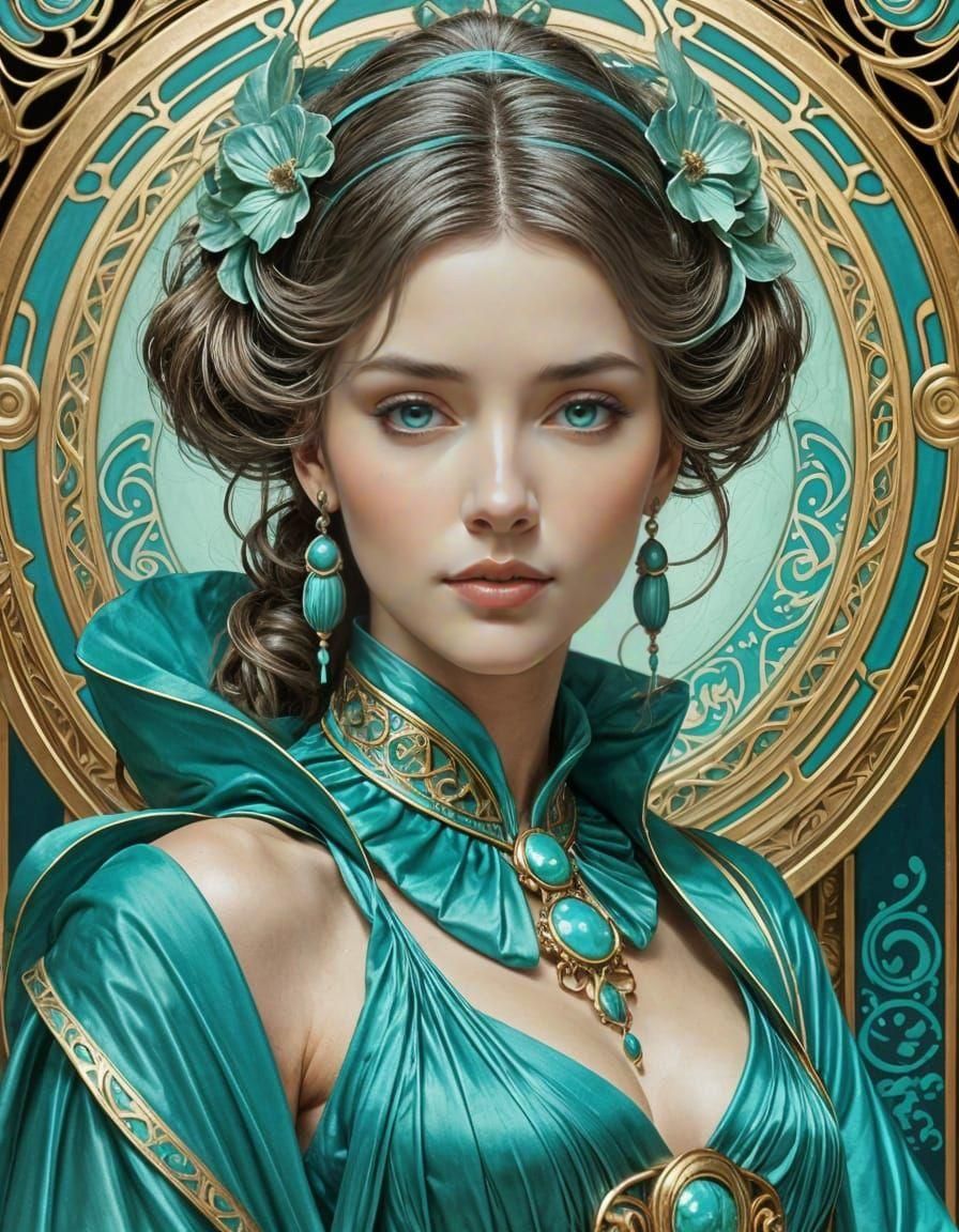 Elegant Art Nouveau Woman in Turquoise Robes