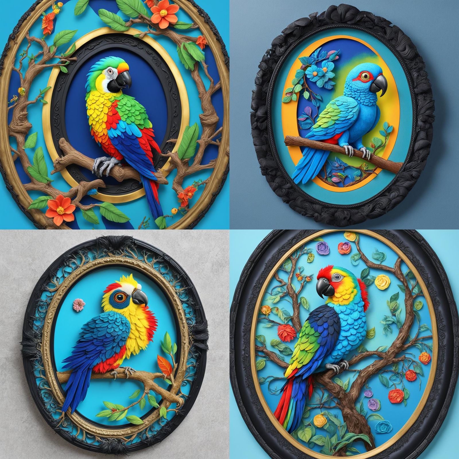Whimsical Parrot and Cat in Art Deco Frame