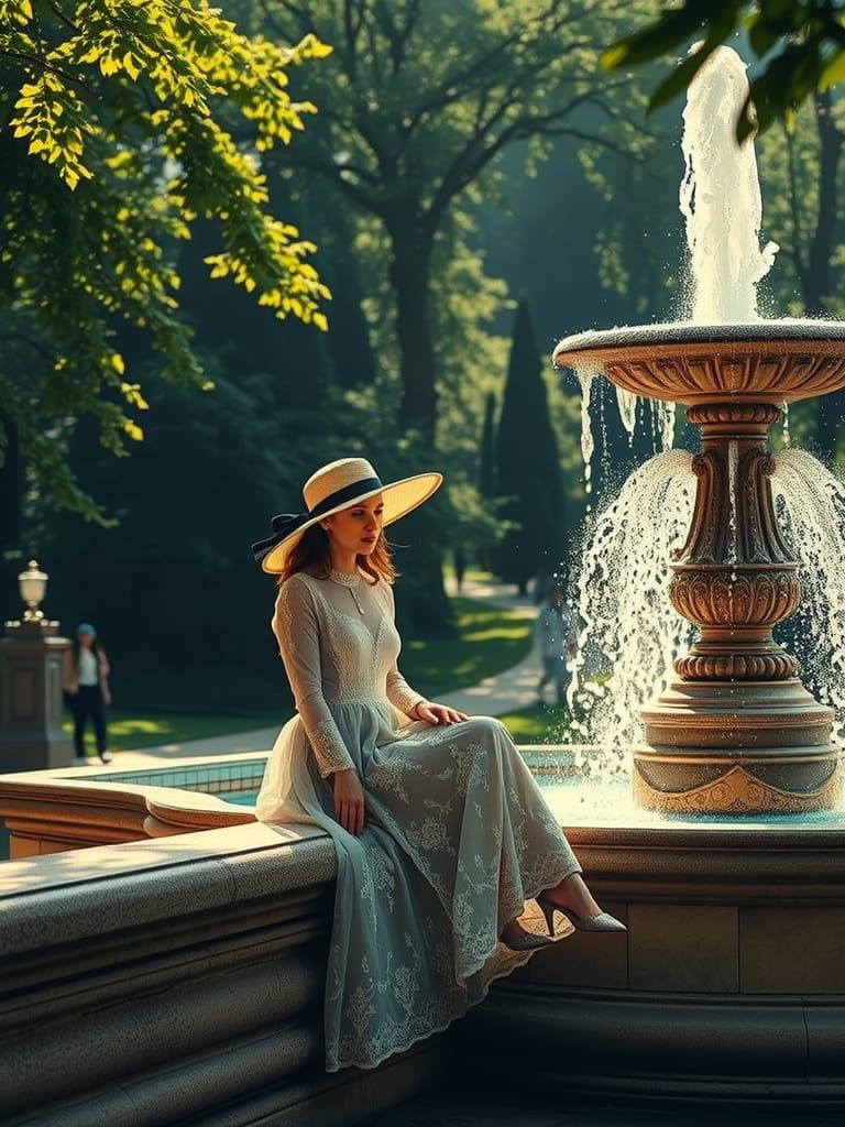 Elegant Lady by Fountain, Pre-Raphaelite Style