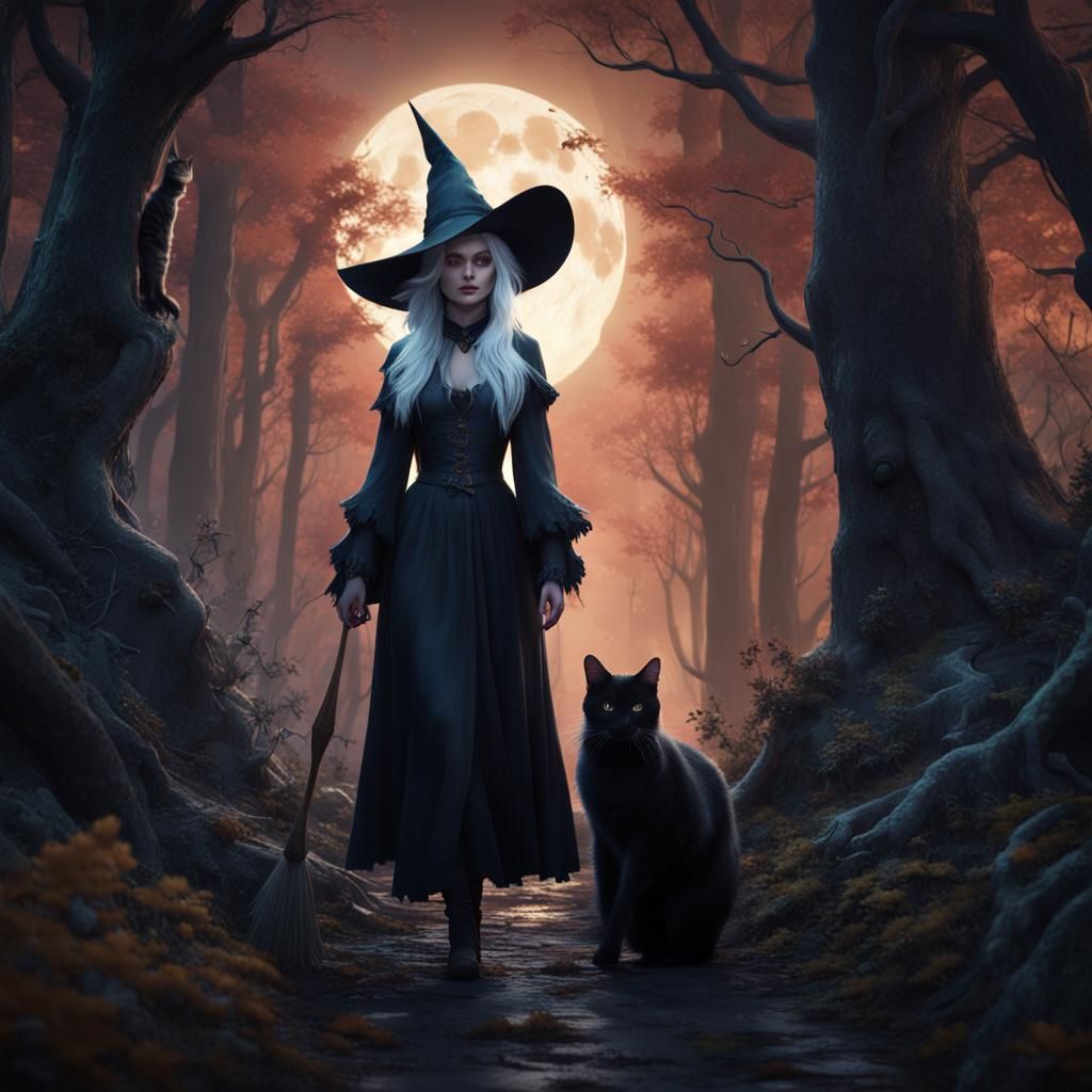 Moonlit Forest Witch with Black Cat