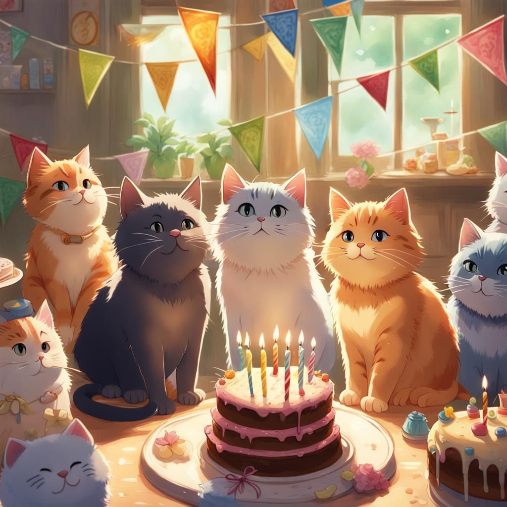 Cats Celebrate Birthday in Studio Ghibli Style