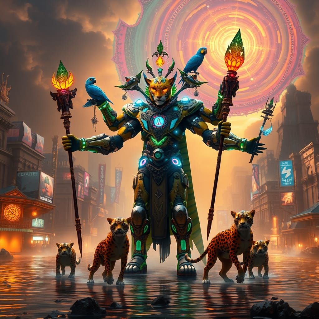 Dark Yellow Leopard Shaman in Flooded Cityscape