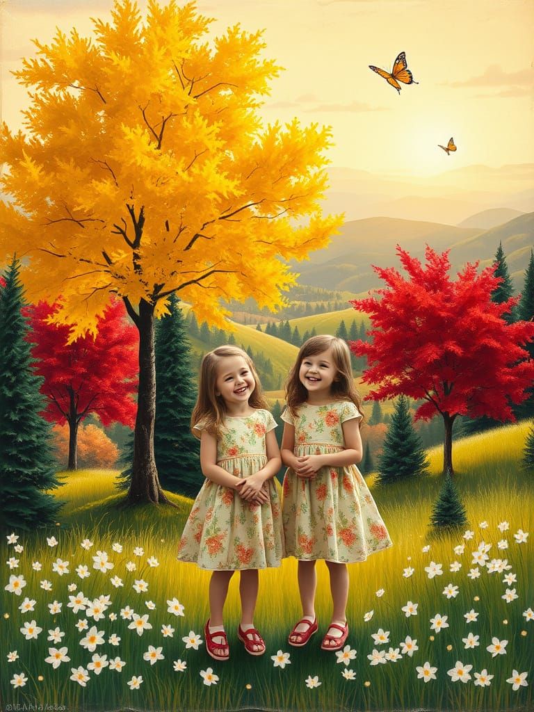 Whimsical Twin Girls in a Sunny Idyllic Landscape