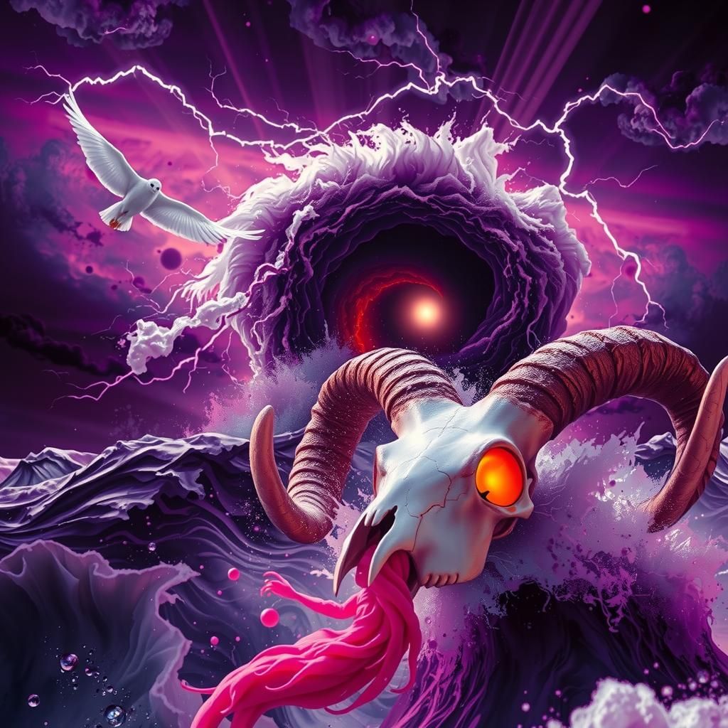 Glowing Ram Skull Emerges from Electric Ocean