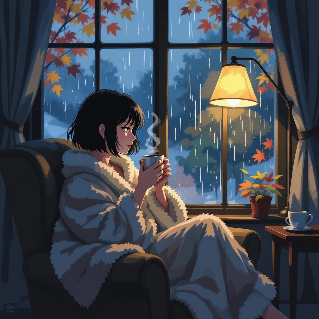 Anime Woman Finds Inner Peace by Rainy Window