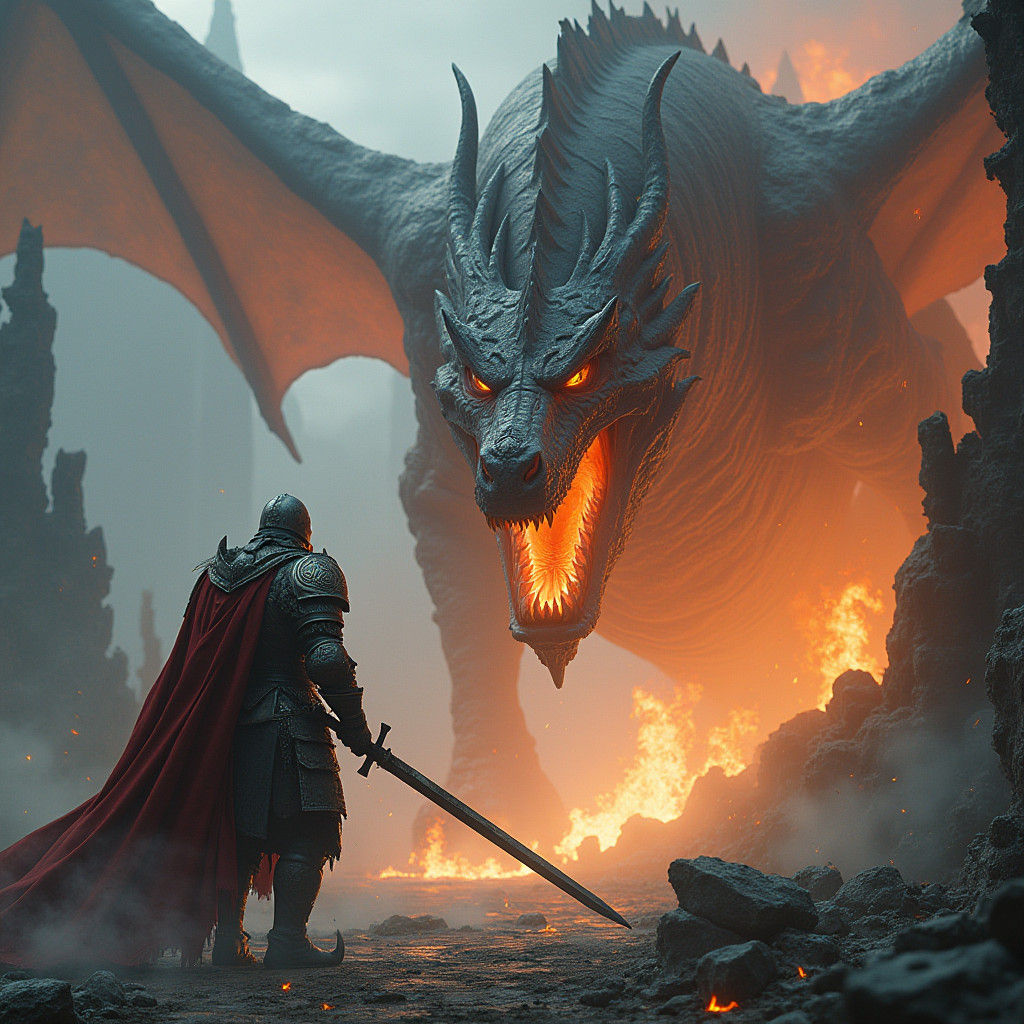 Knight's Last Stand Against Dragon in Fantasy Landscape