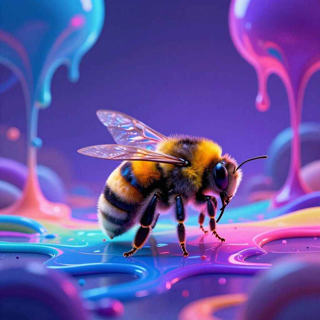 Hyperrealistic Bumblebee in Surreal Neon Paint Drip Landscap...