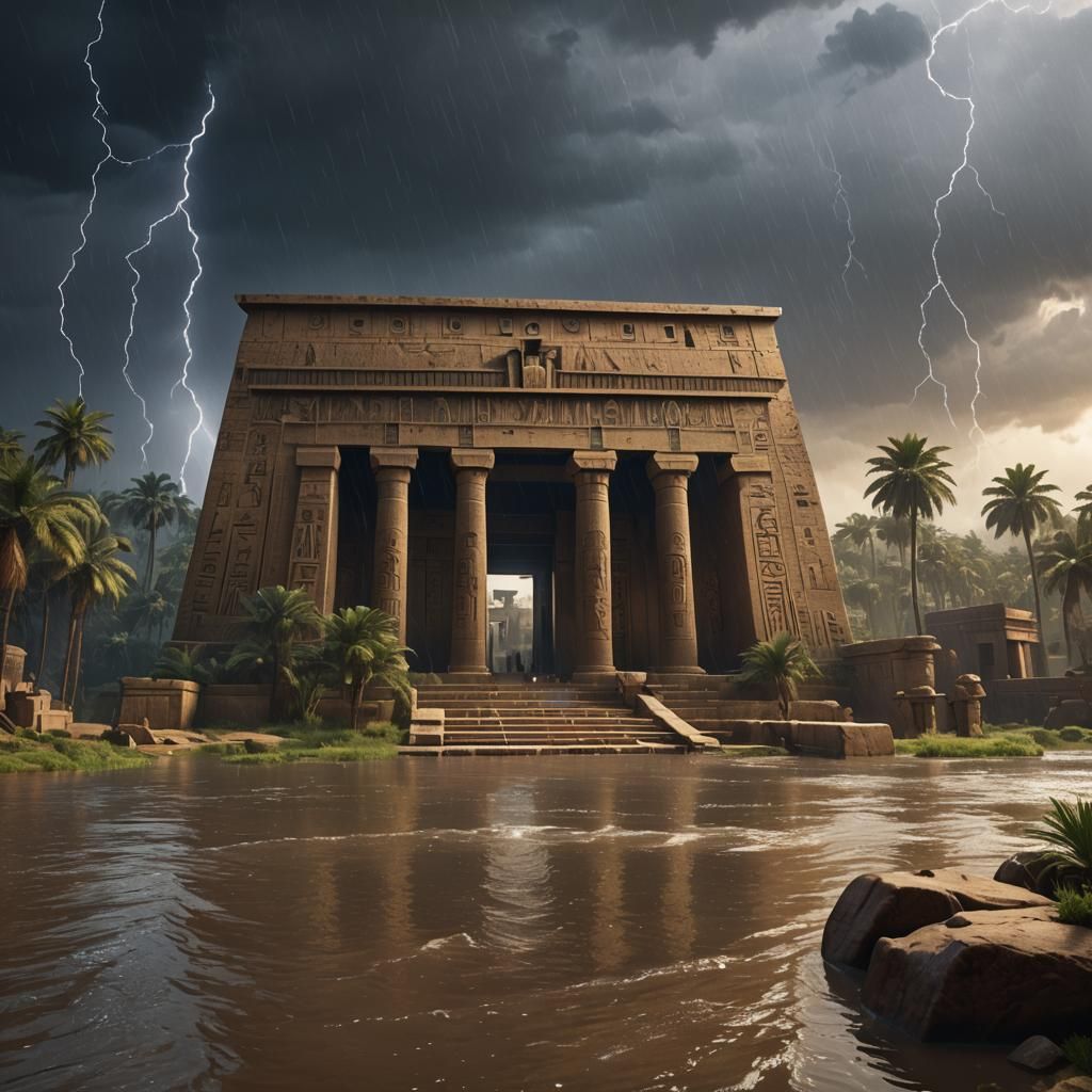 Egyptian Temple on The Nile in Thunderstorm