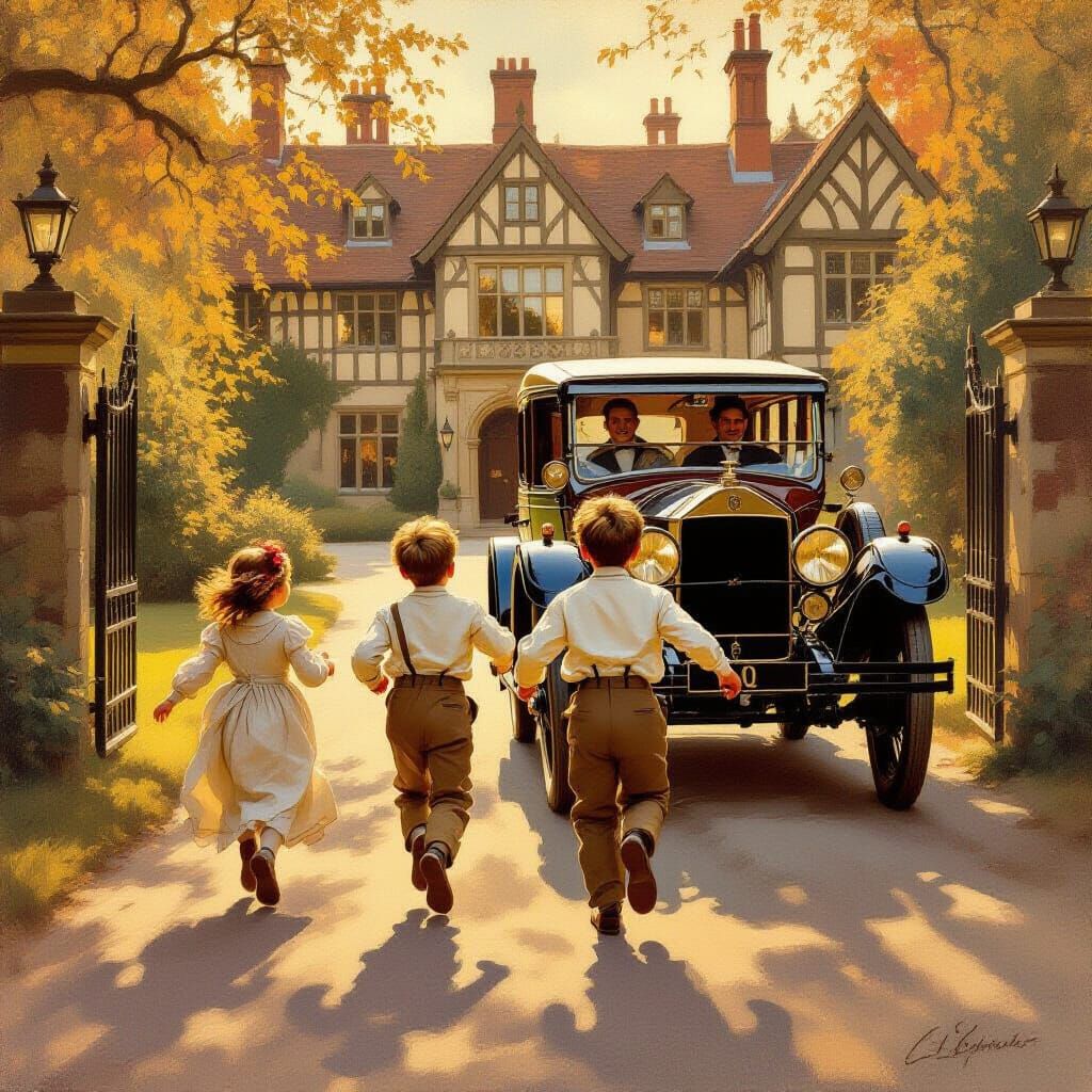 Joyful Reunion: Edwardian Children Greet Father's Return