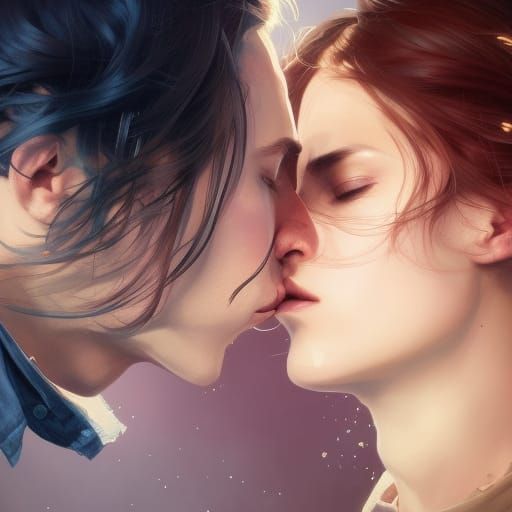 Romantic Couple Kissing Portrait in Hyperdetailed Style