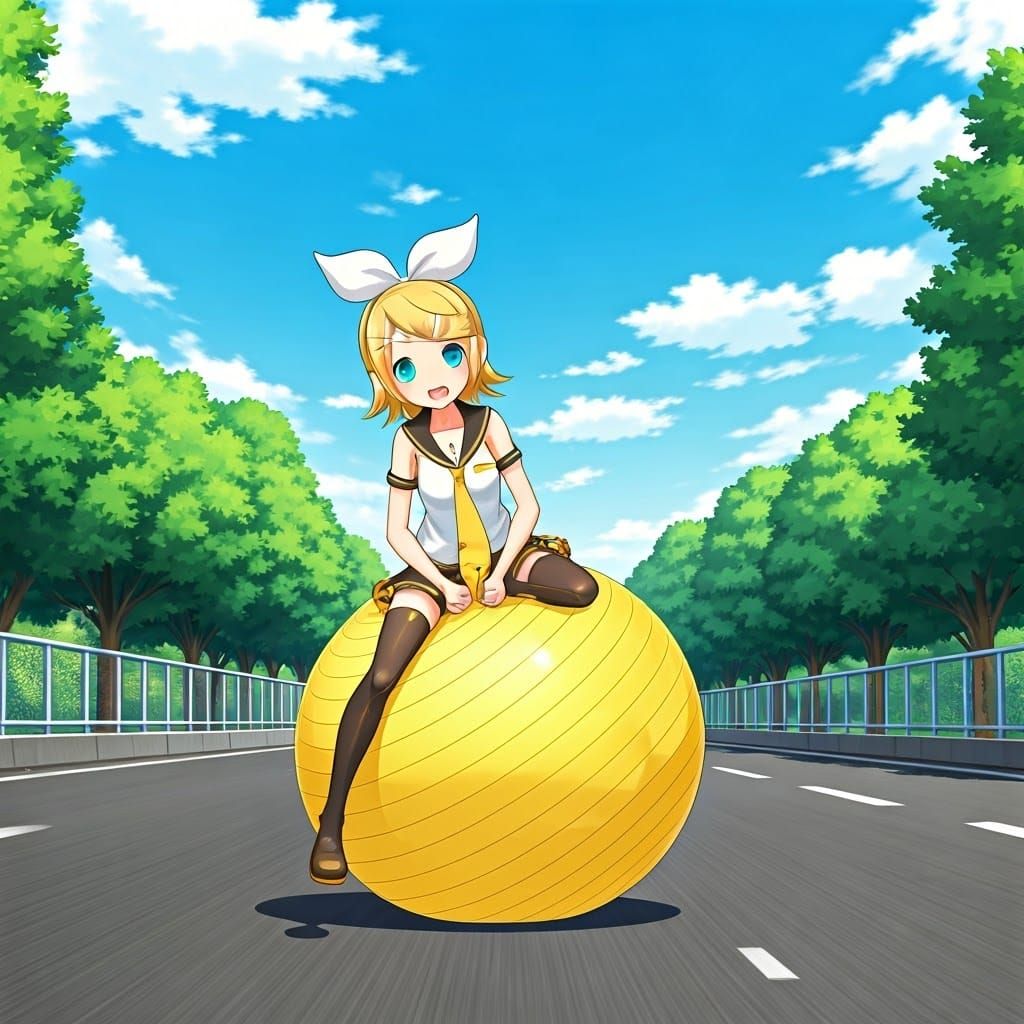 Virtual Idol Bounces on Yellow Ball in City Street