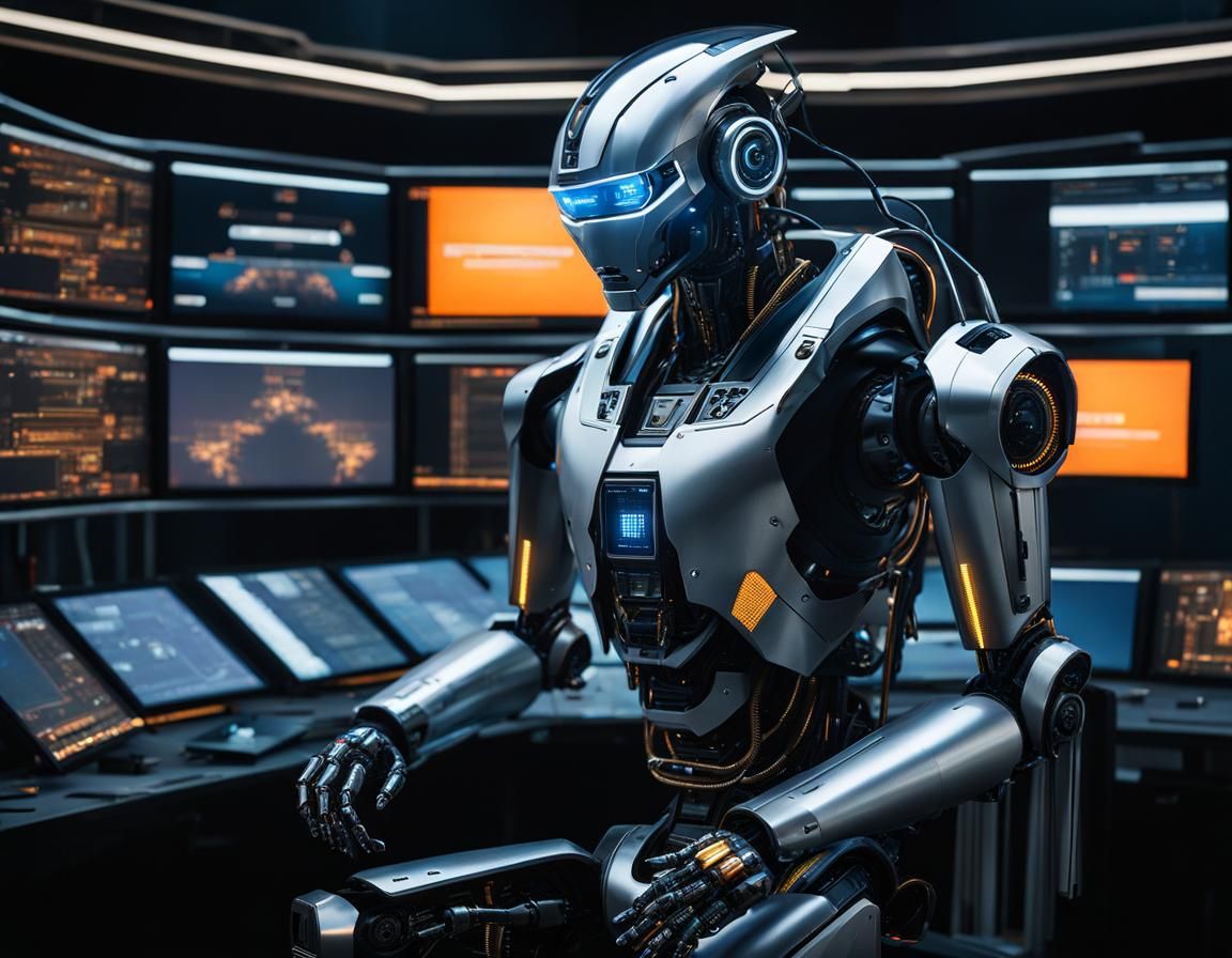 Futuristic Robot in Command Center, Hyperrealistic