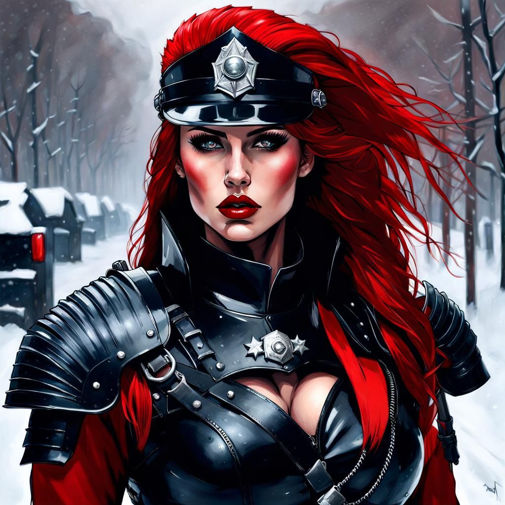 Gothic Barbarian Policewoman in Ruined Paris