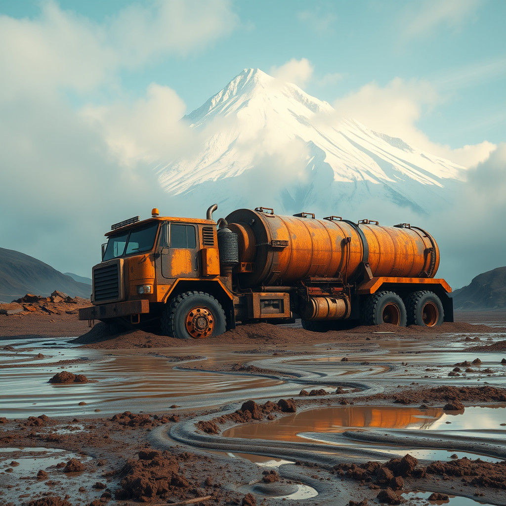 Oil Truck Stuck in Mud, Mountain Backdrop, Matte Painting