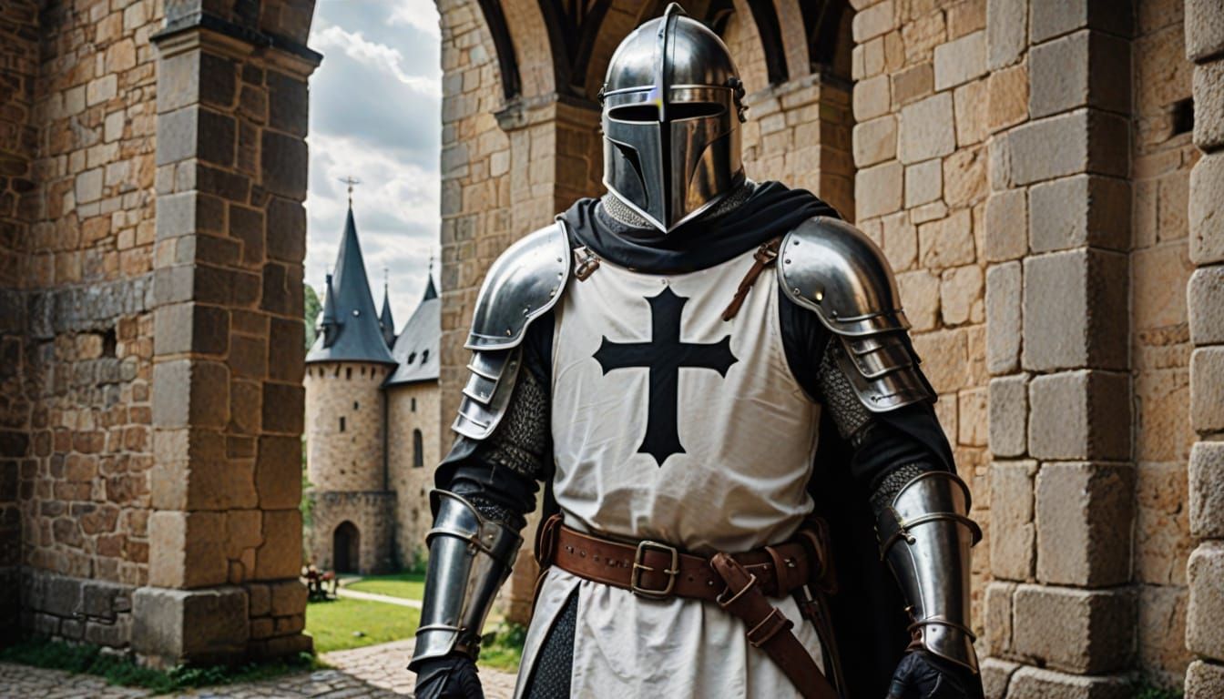 Teutonic Knight in Medieval Castle with Black Cross Armor
