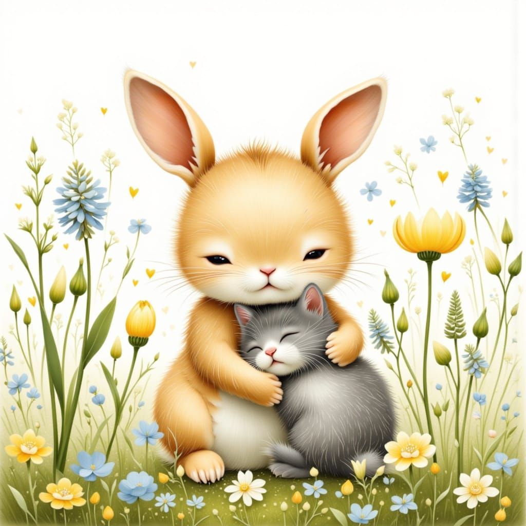 Bunny and Kitten Cuddle in Whimsical Watercolor Style