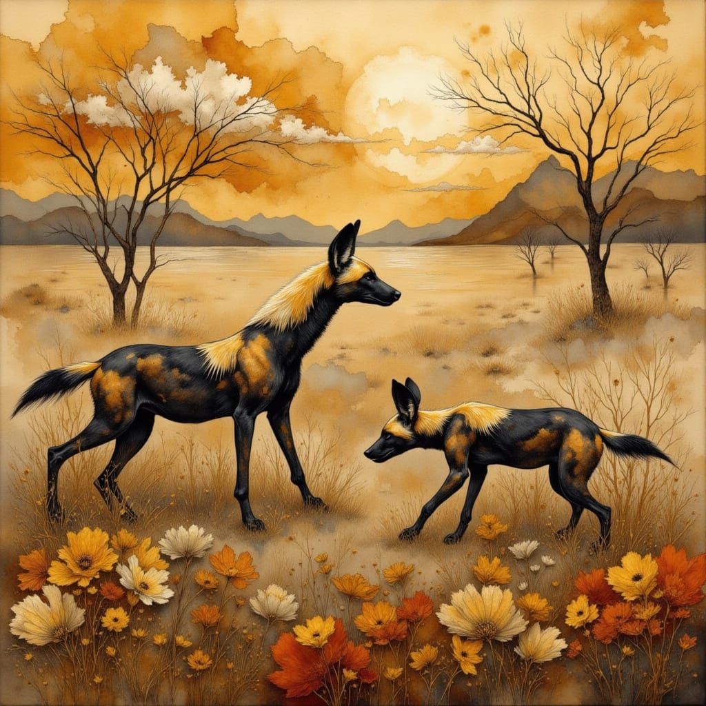 African Painted Dogs Hunt in Abstract Ink Style