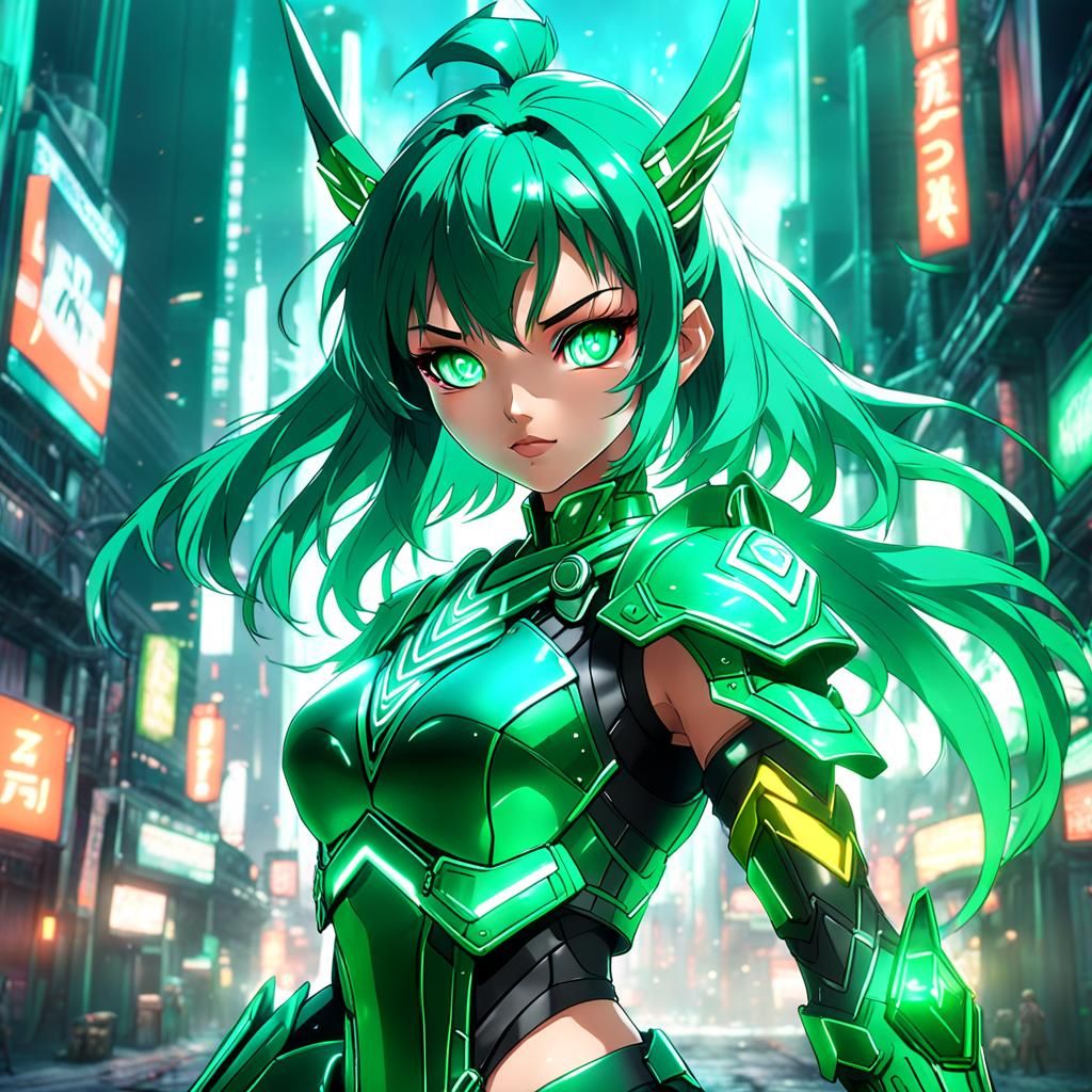 Neon Emerald Warrior Anime Girl in Detailed Matte Painting