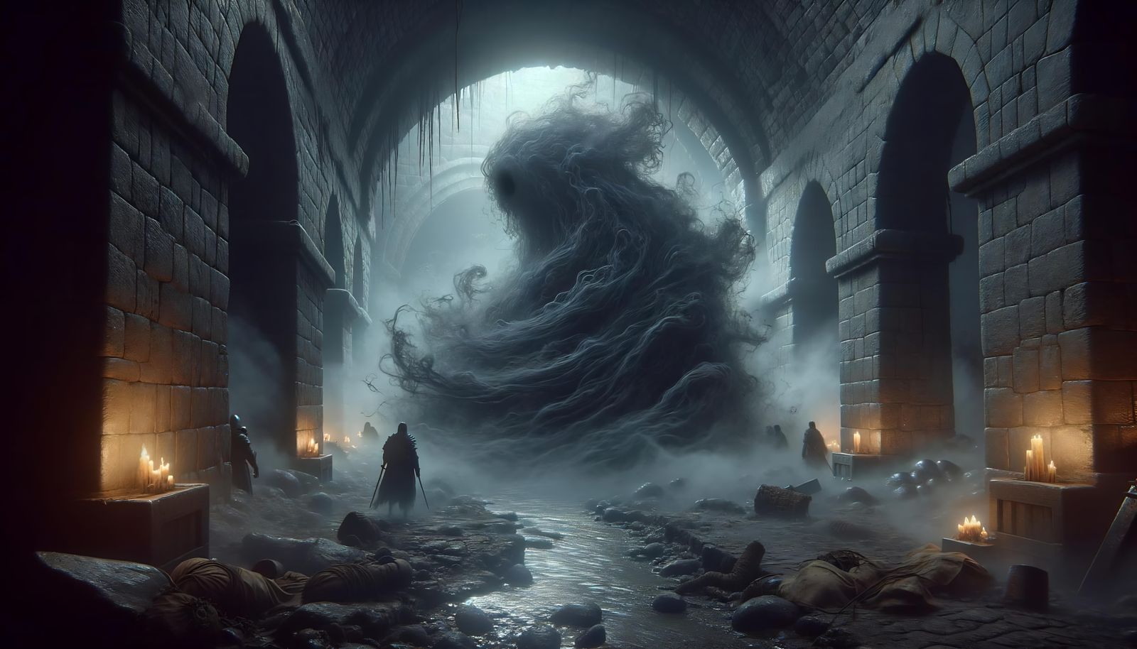 Ominous Gray Mist Engulfs Warrior in Murky Dungeon