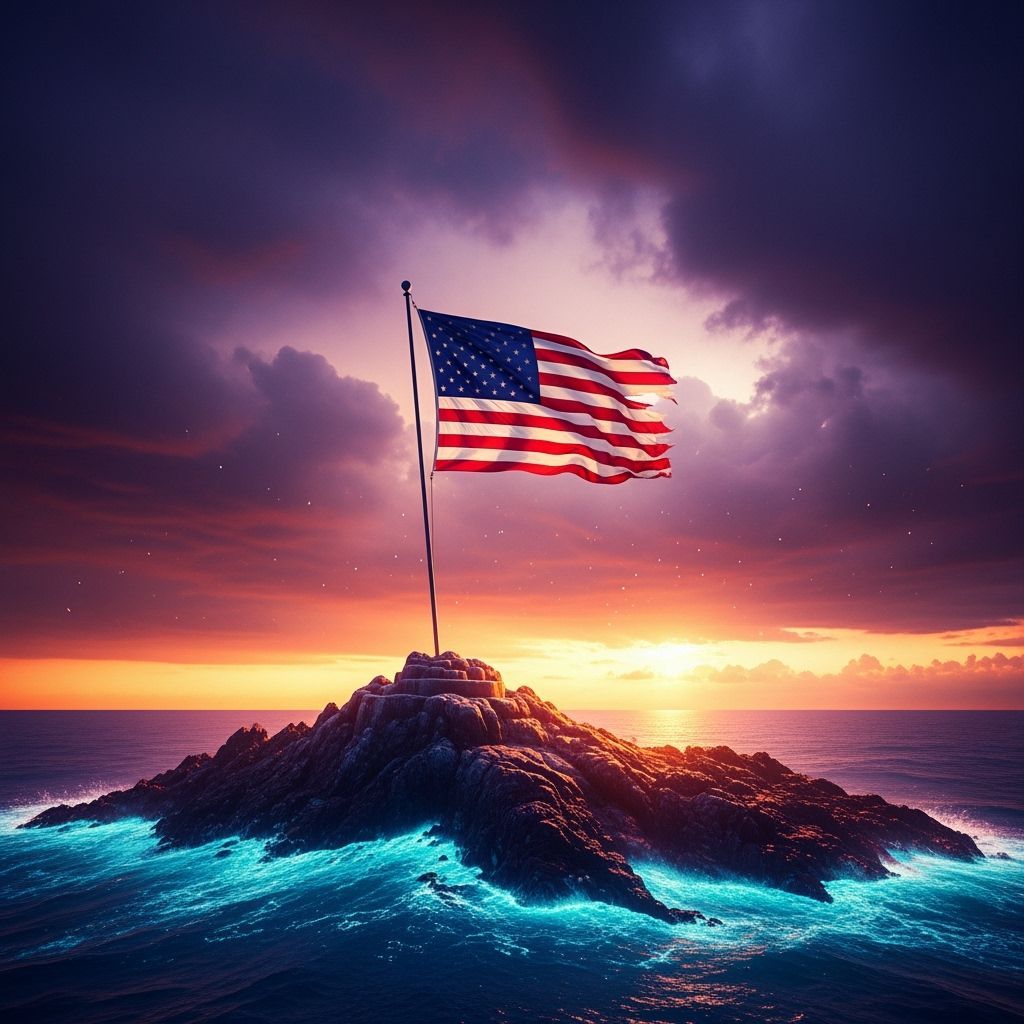 A USA  flag planted on a desolate, rocky island, its tattere...