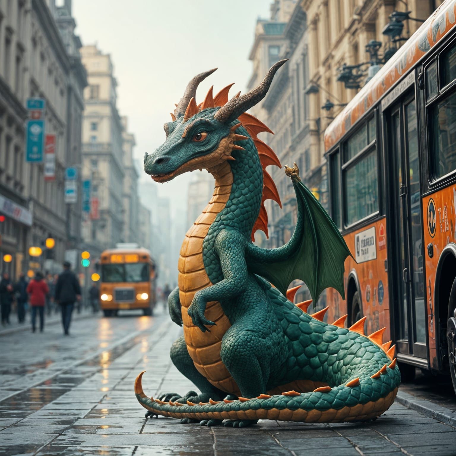 Dragon Waits for Bus: A Whimsical Scene