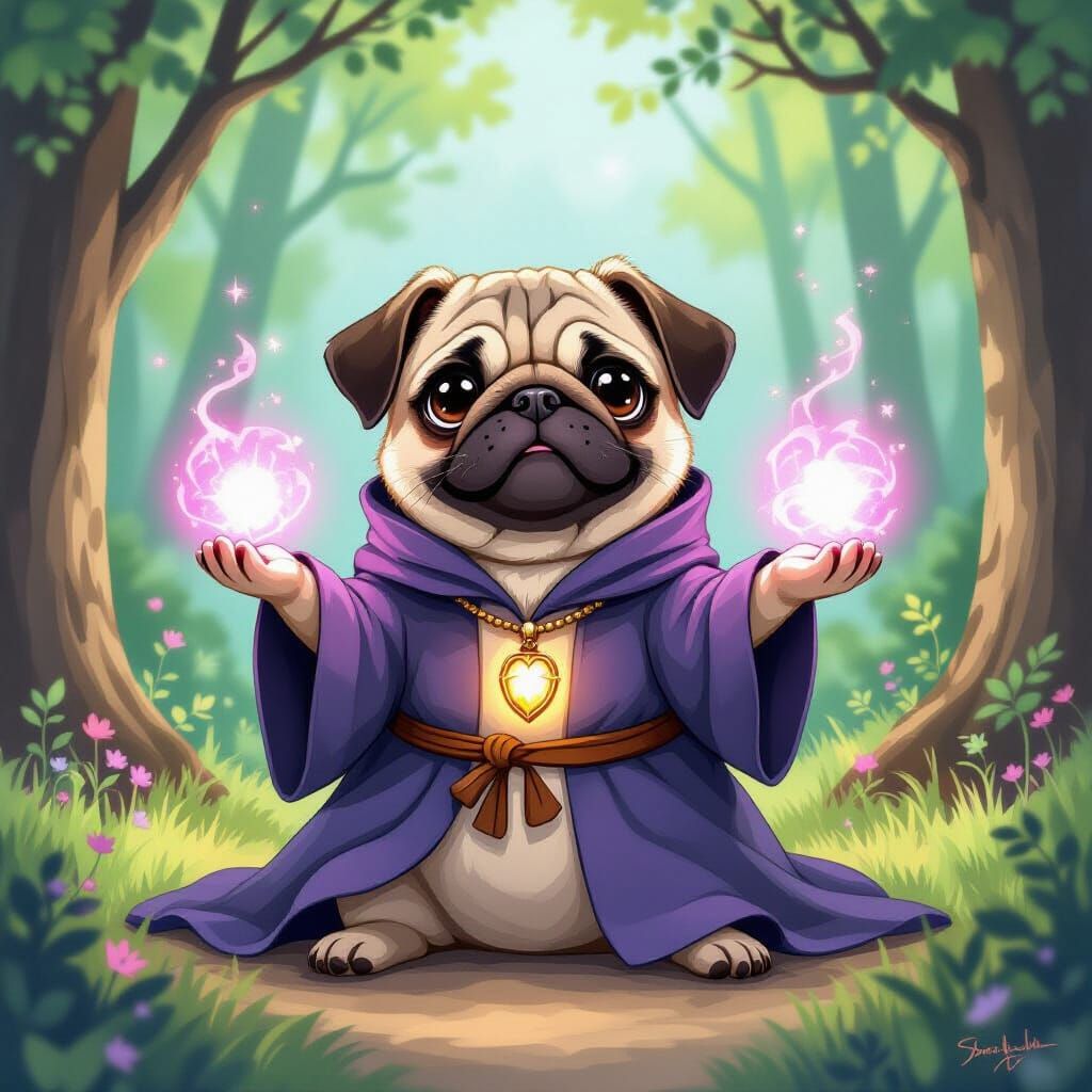 Magical Pug Practicing Spells in Whimsical Forest
