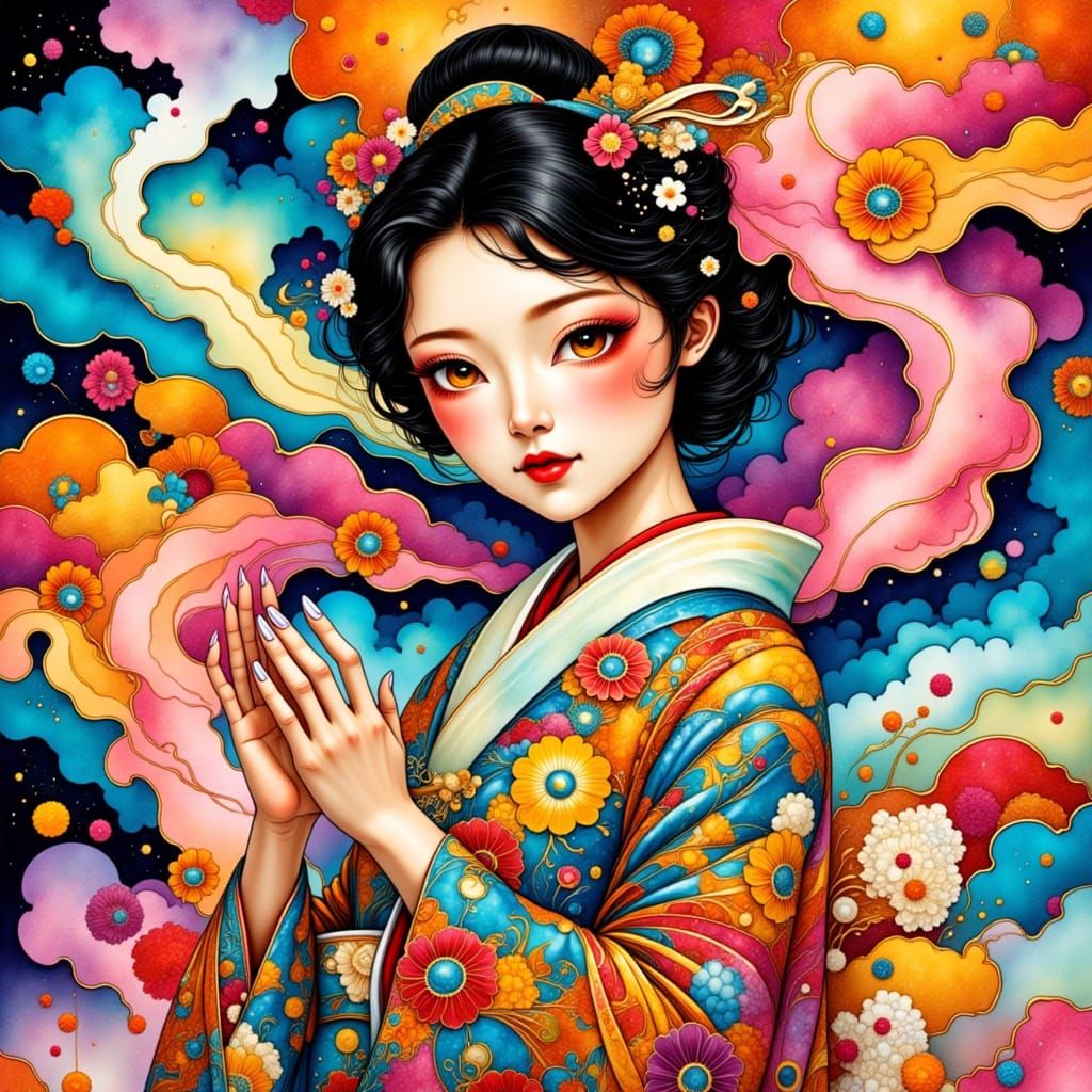 Surreal Pop Art Goddess in Vibrant Floral Kimono