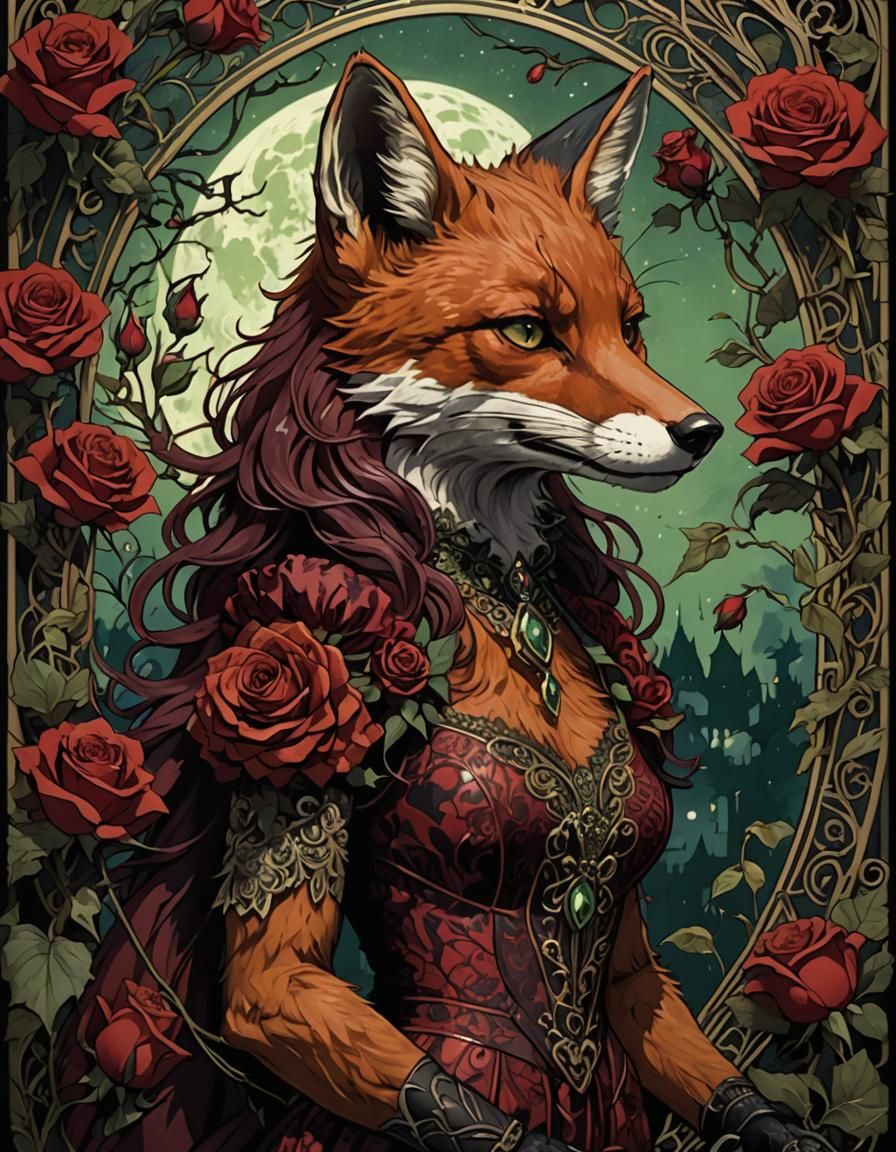 Fox in Lace Dress, Art Nouveau Style