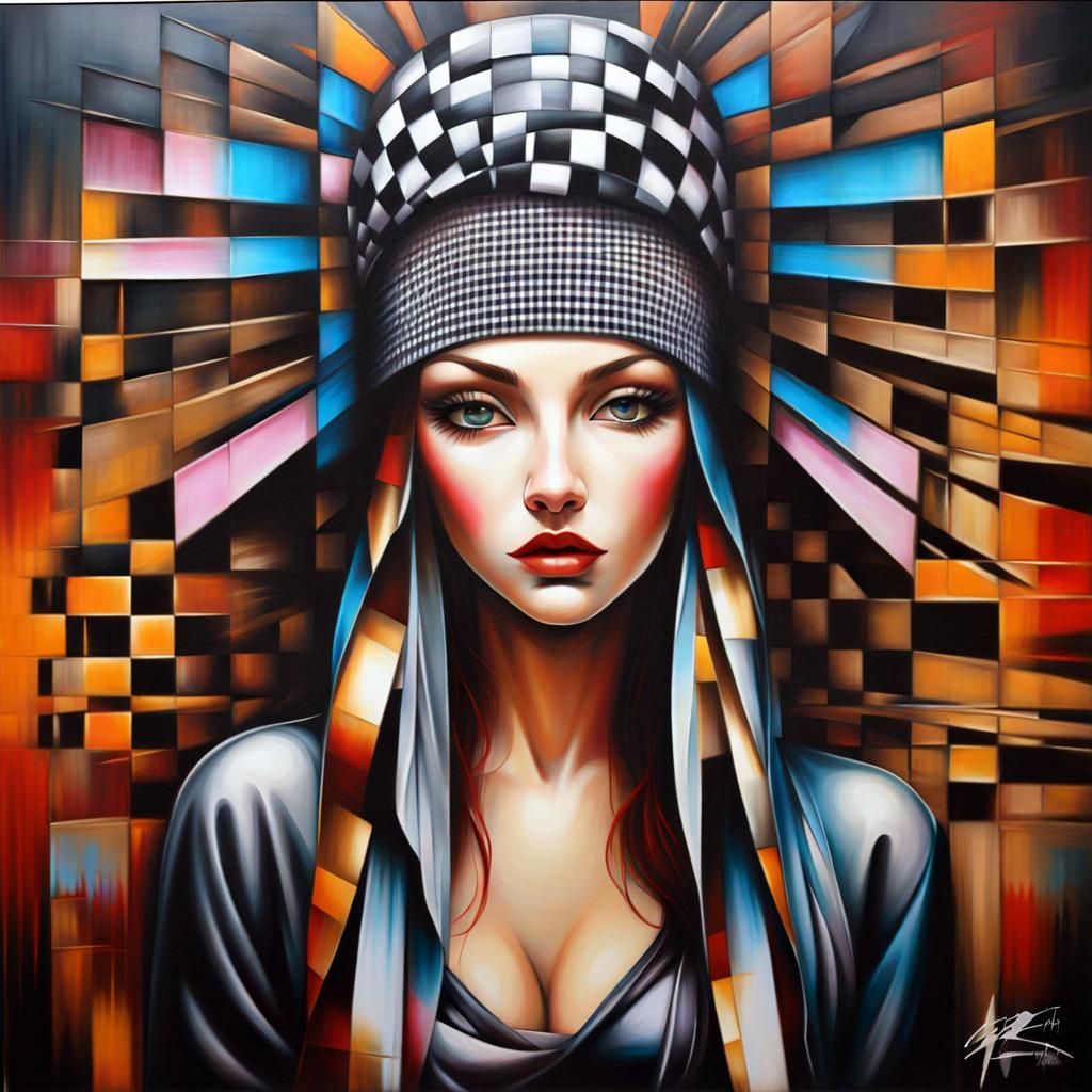Abstract Woman in Checkered Headdress: Graffiti Art Masterpi...