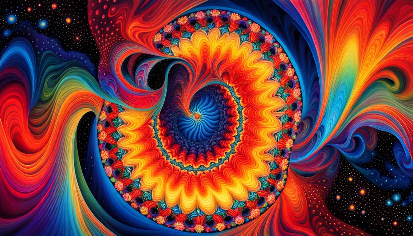 Psychedelic Cosmic Kaleidoscope with Iridescent Figure