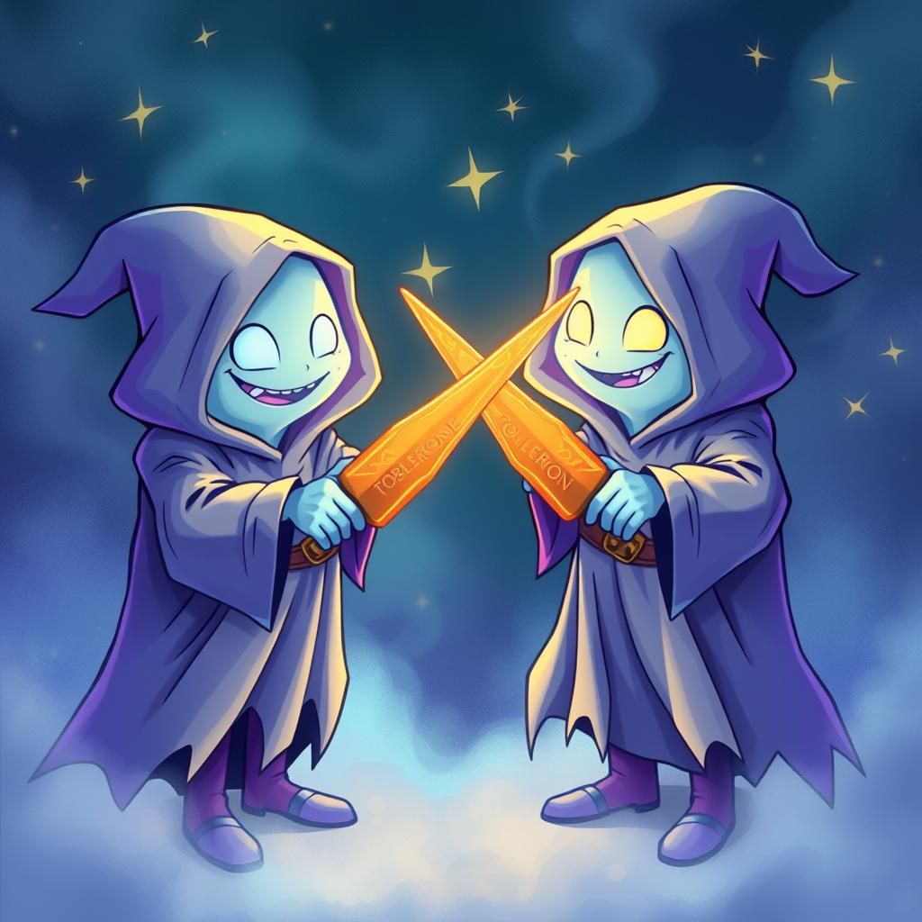 Ghosts Duel with Candy Swords in Cartoon Style