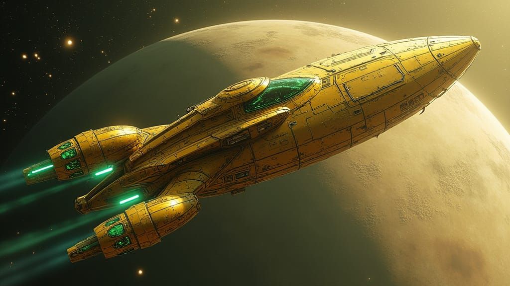 Gold Starship Flies by Distant Planet in Medievalpunk Style