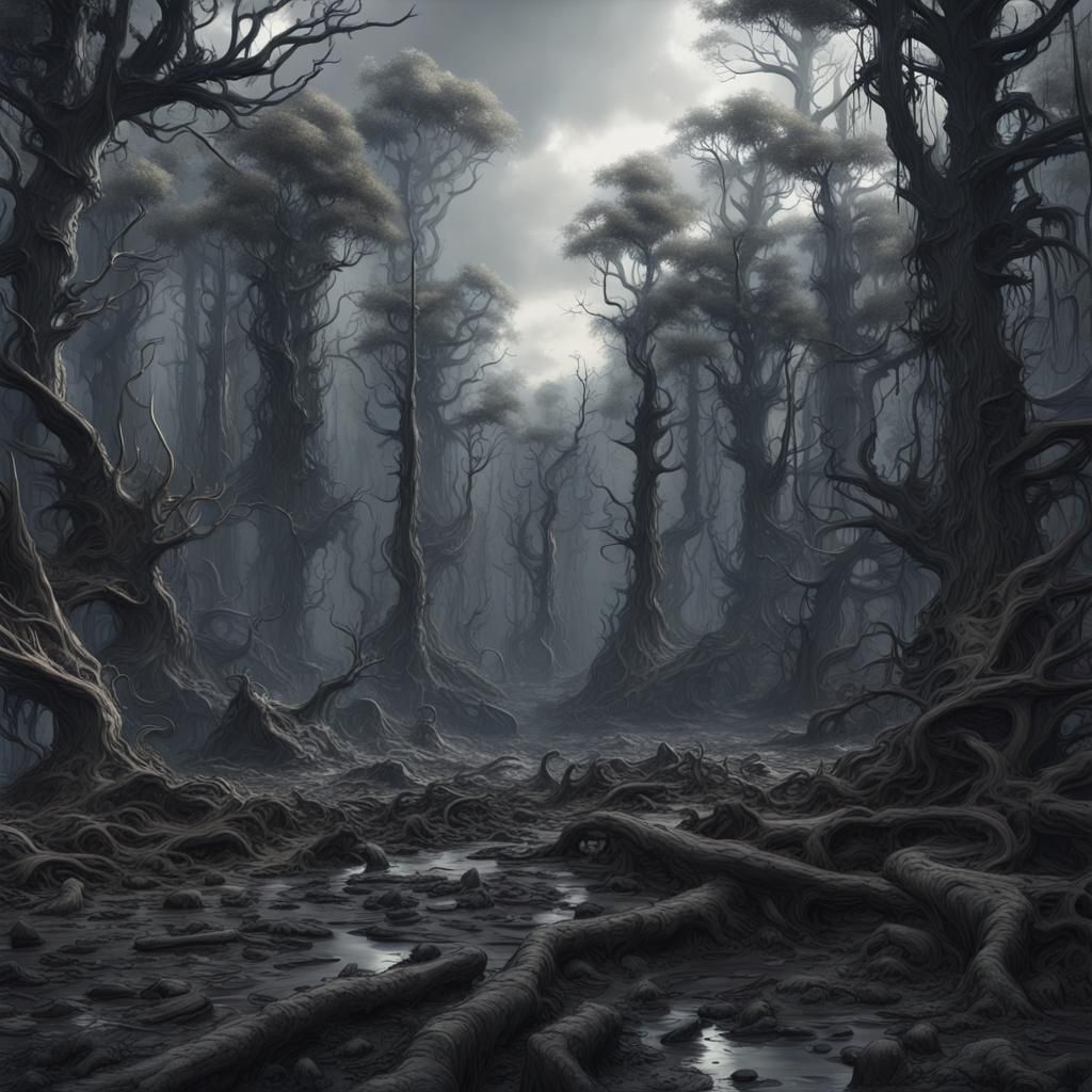 Monochromatic post apocalyptic forest detailed matte paintin...