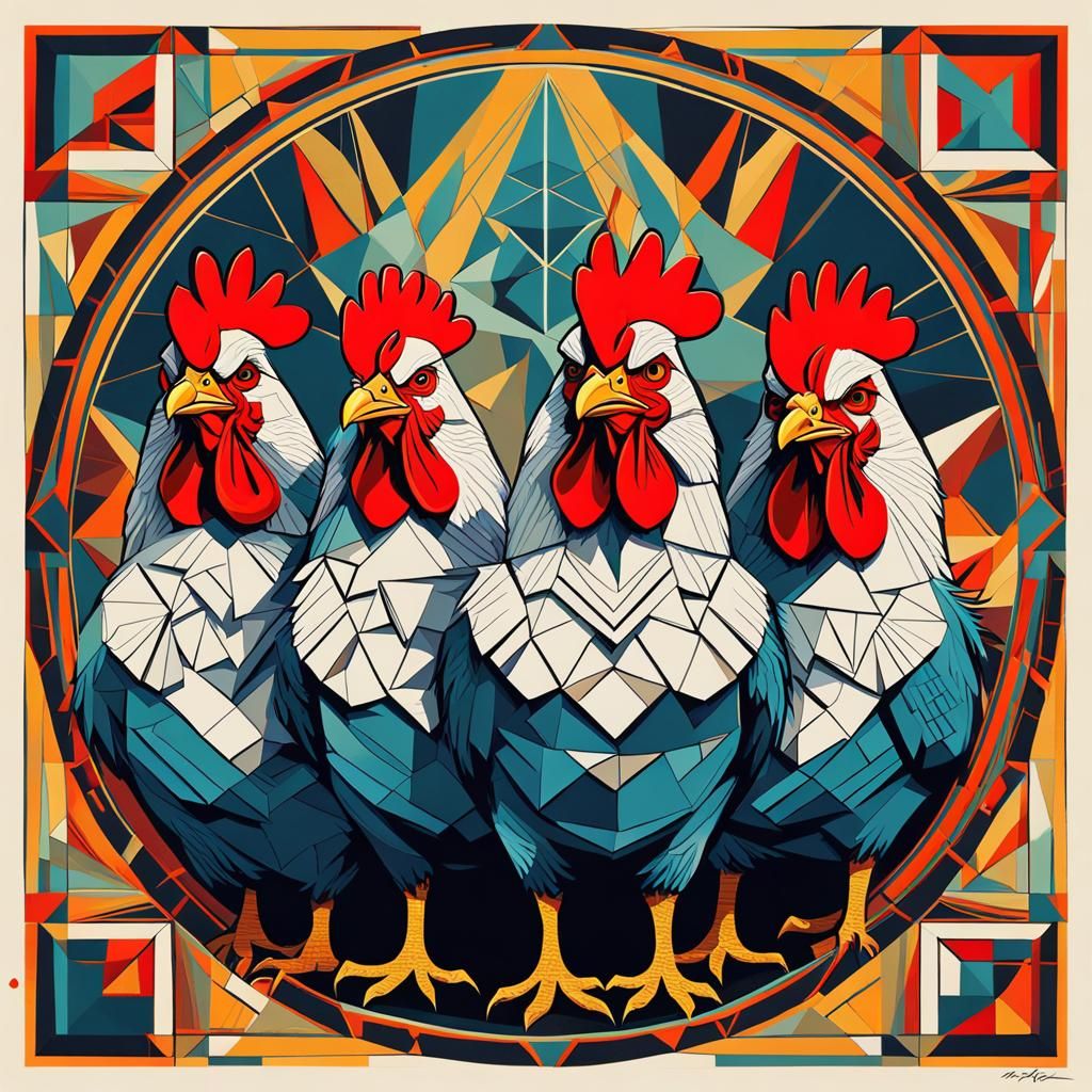 Singing Chickens in Cubist Art Deco Style