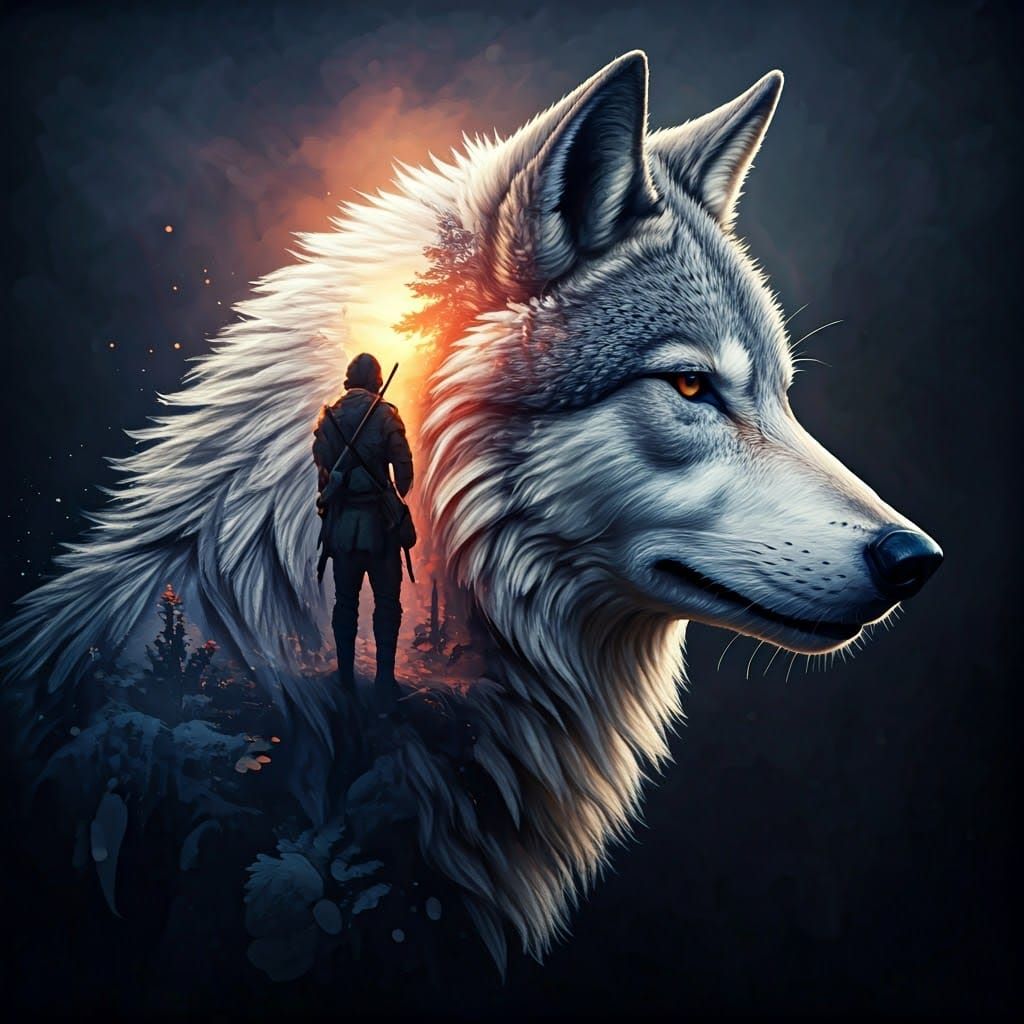 Wolf Double Exposure: Forest and Hunter in Watercolor