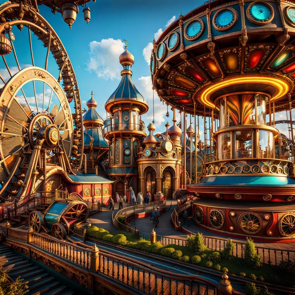 Steampunk Theme Park: Ornate Rides and Flying Machines