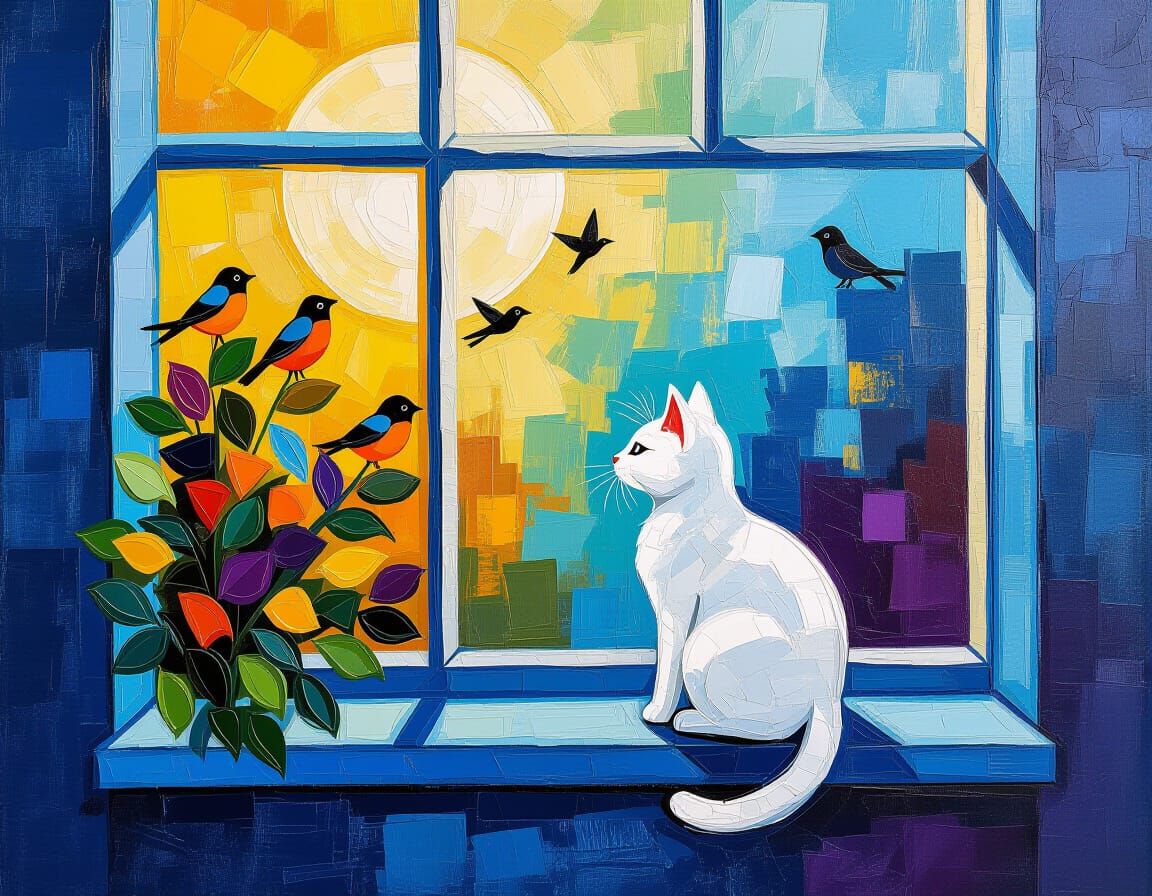 Impasto Cat Watching Birds, Acrylic Painting