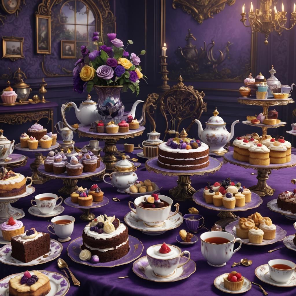 Victorian Tea Party with Cakes, Detailed Matte Painting