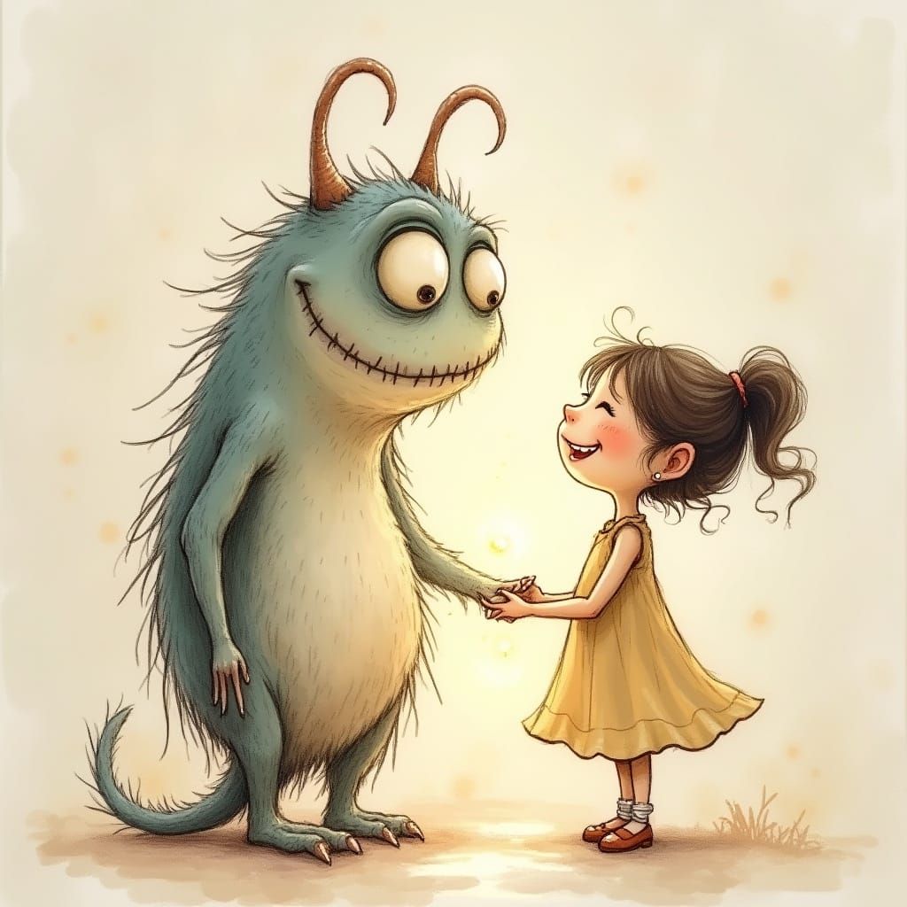 Whimsical Monster and Girl Holding Hands in Golden Light
