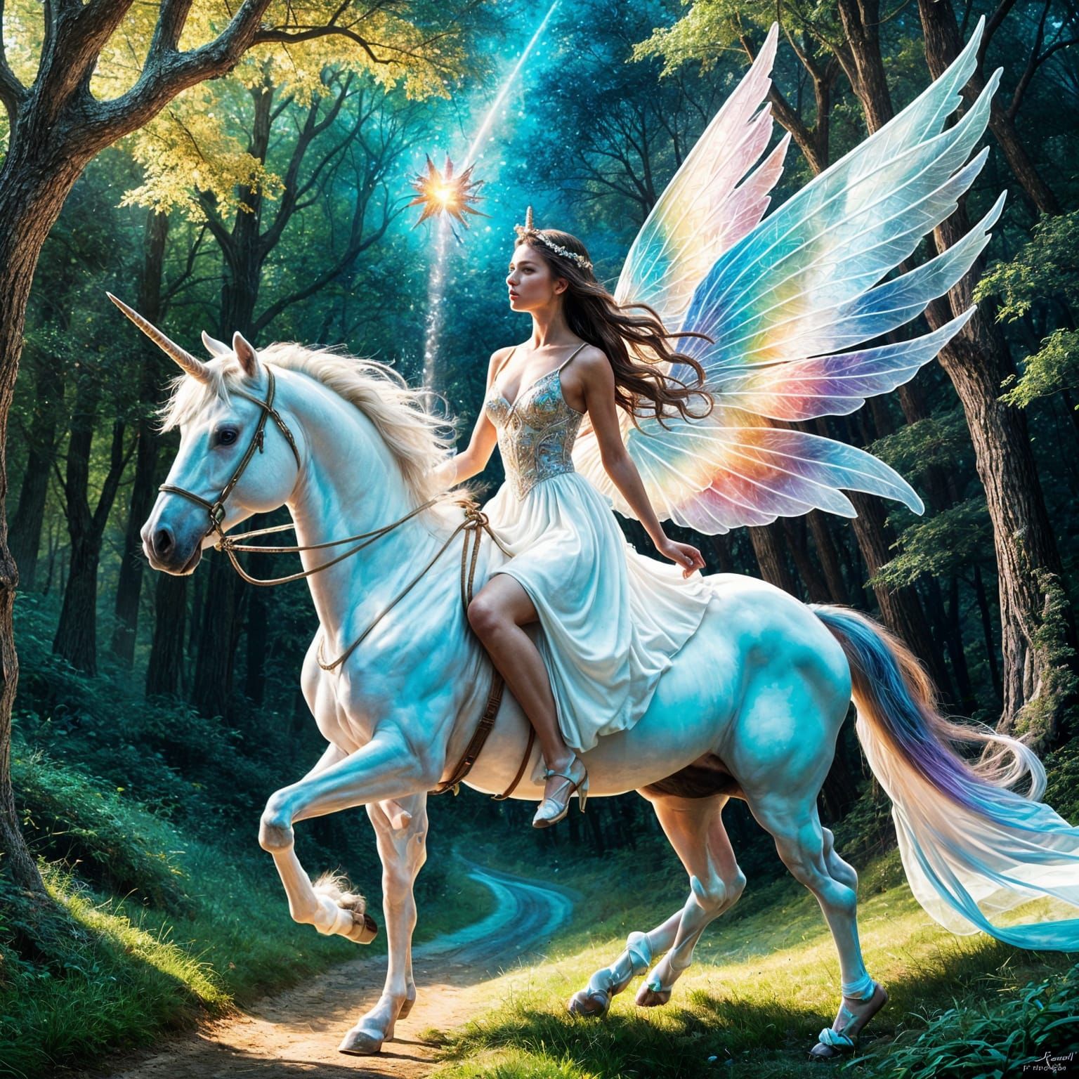 Fairy on Unicorn in Magical Landscape