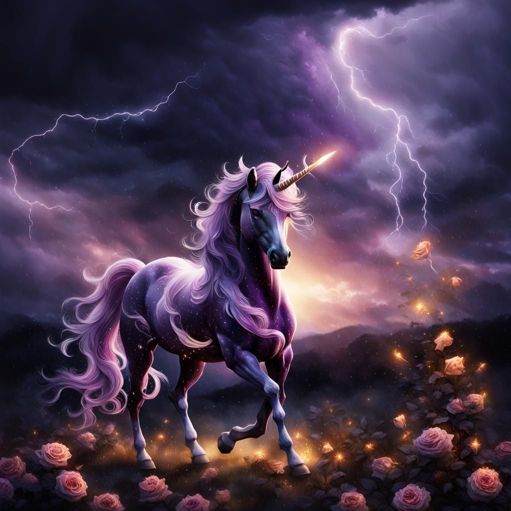 Ethereal Unicorn in Purple Twilight Storm