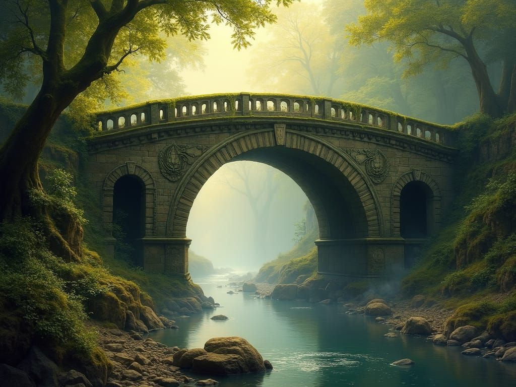A majestic ancient stone bridge arching over a misty, ethere...